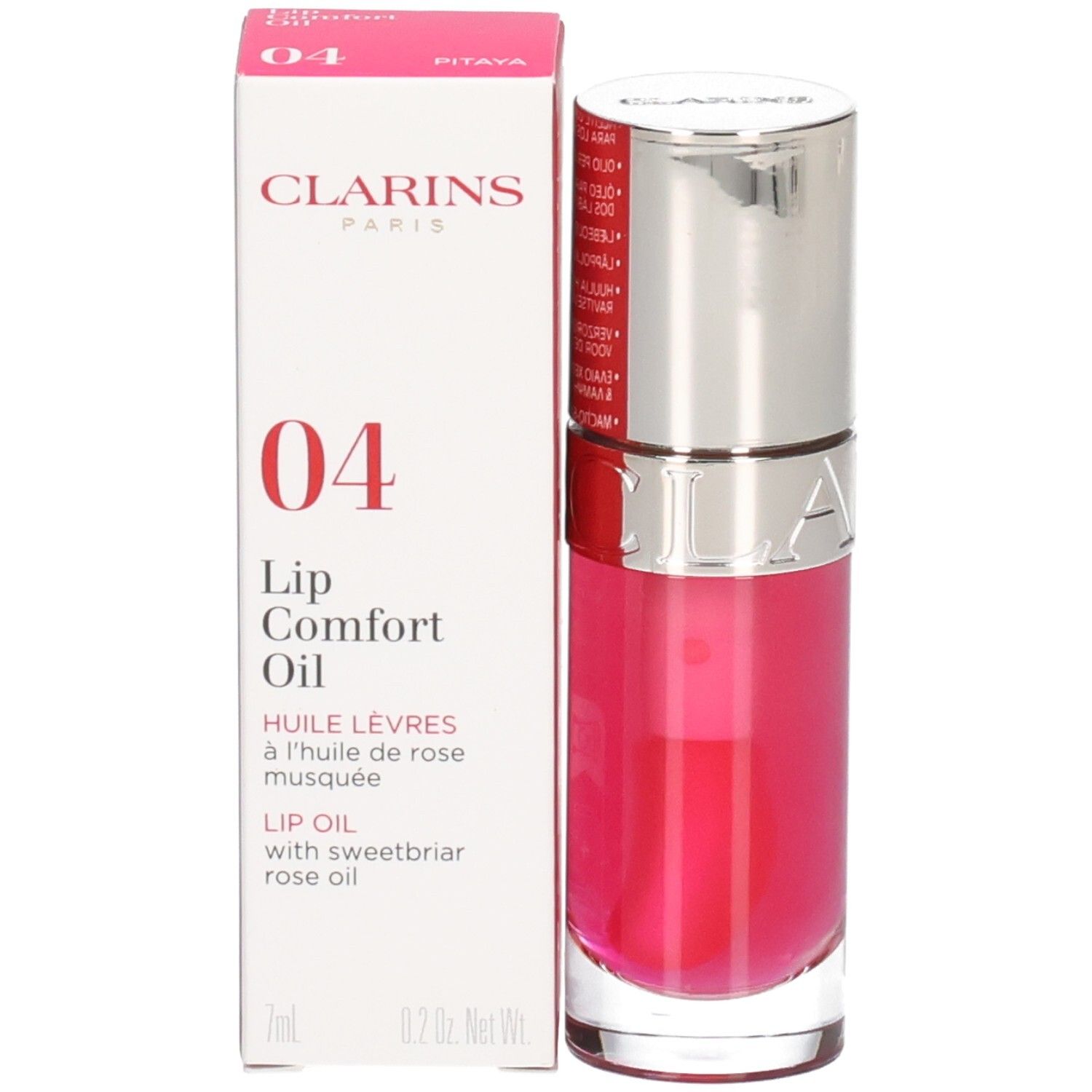 Clarins Lip Comfort Oil 04 Pitaya in Umverpackung und Fläschchen mit silbernem Deckel.