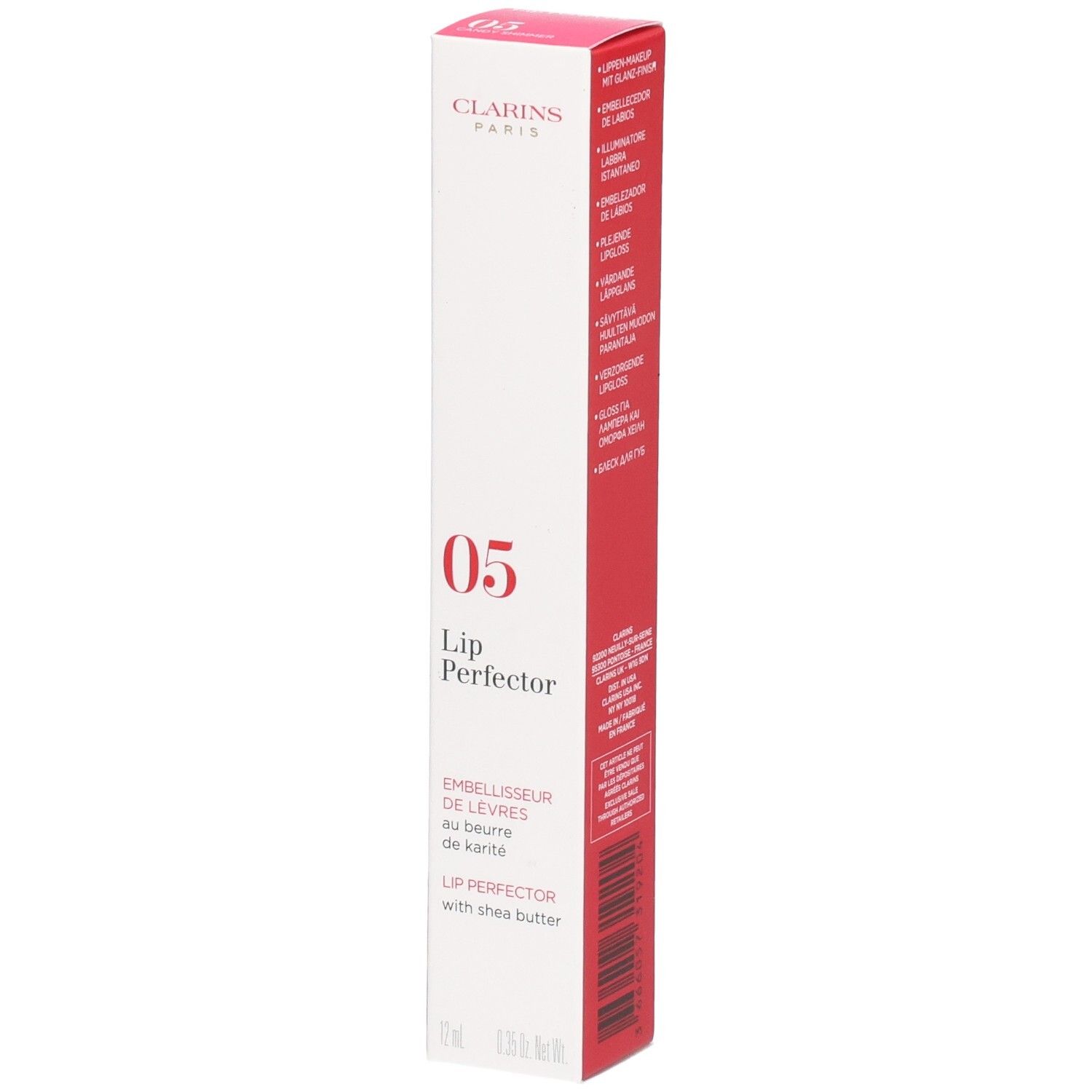 Clarins Lip Perfector 05 in Faltschachtel, Vorderseite mit Produktinformationen.