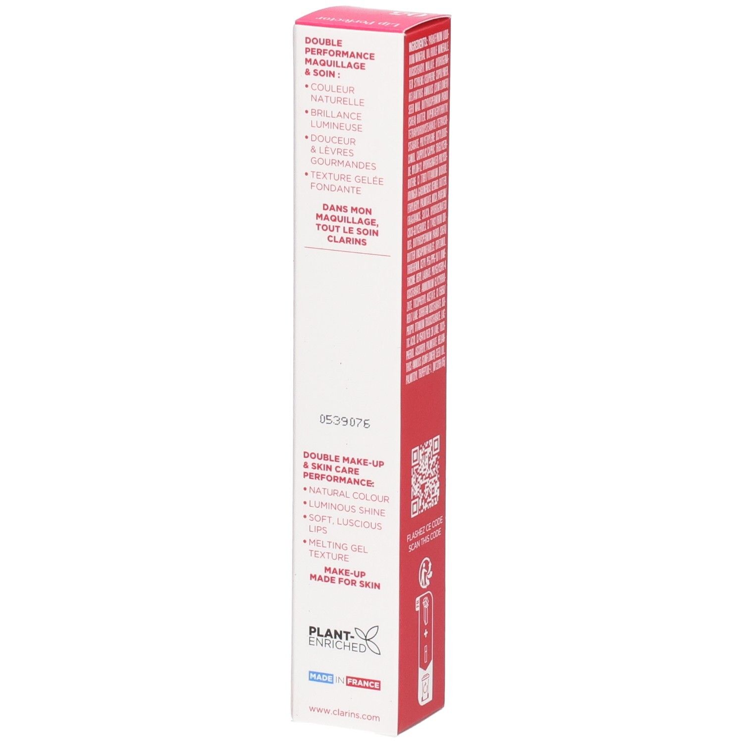 Clarins Lip Perfector 05 Faltschachtel, Seite mit Produktvorteilen und Herkunftsangabe.