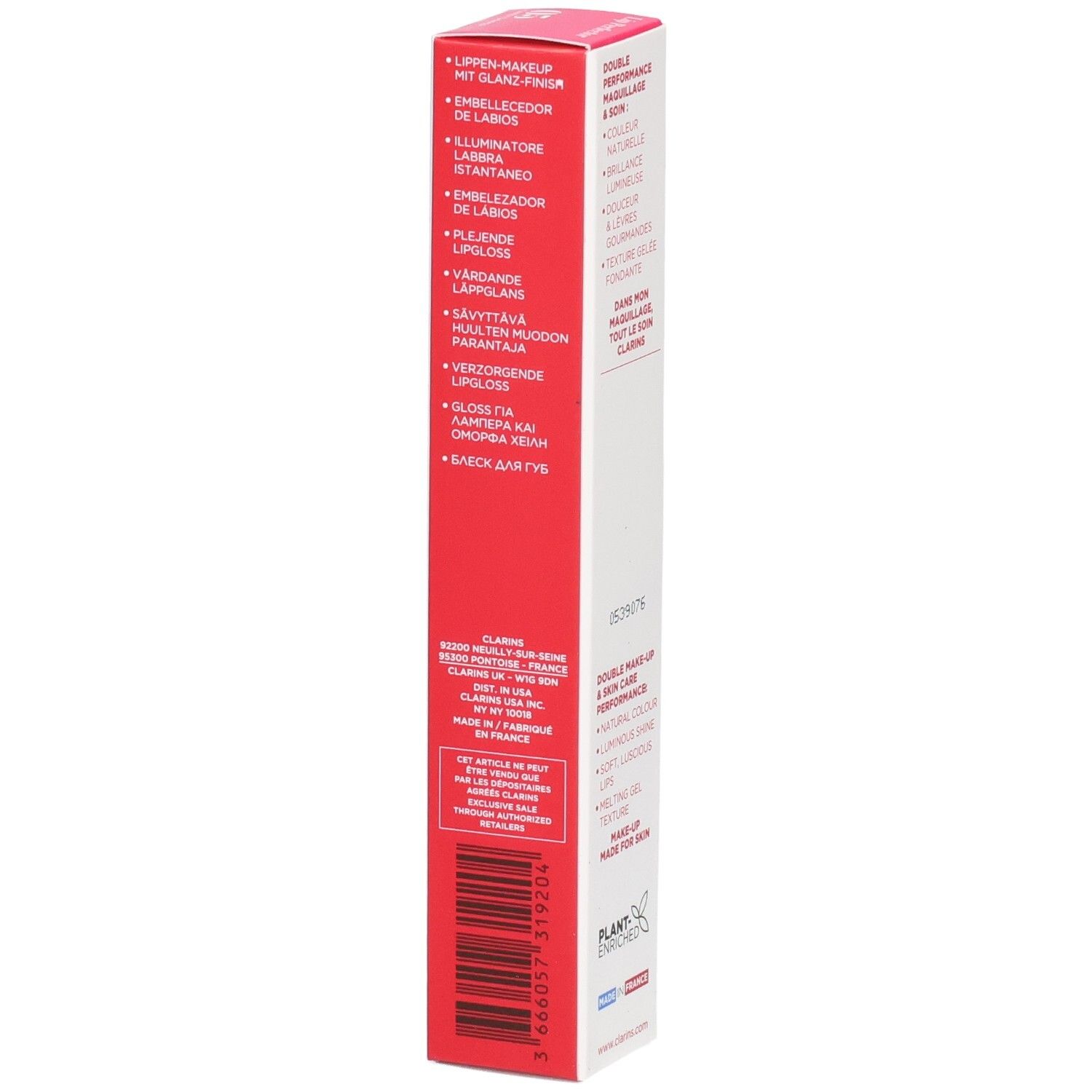 Clarins Lip Perfector 05 Faltschachtel, Seite mit mehrsprachigen Produktbeschreibungen.