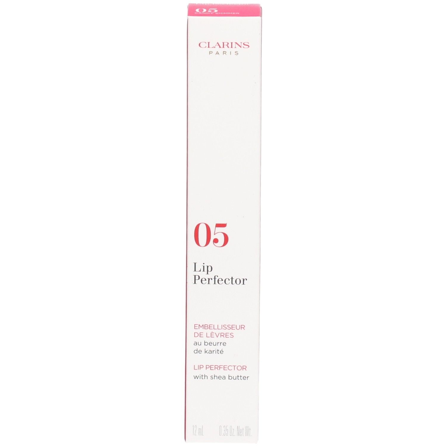 Clarins Lip Perfector 05 in Faltschachtel, Vorderseite mit Produktinformationen.
