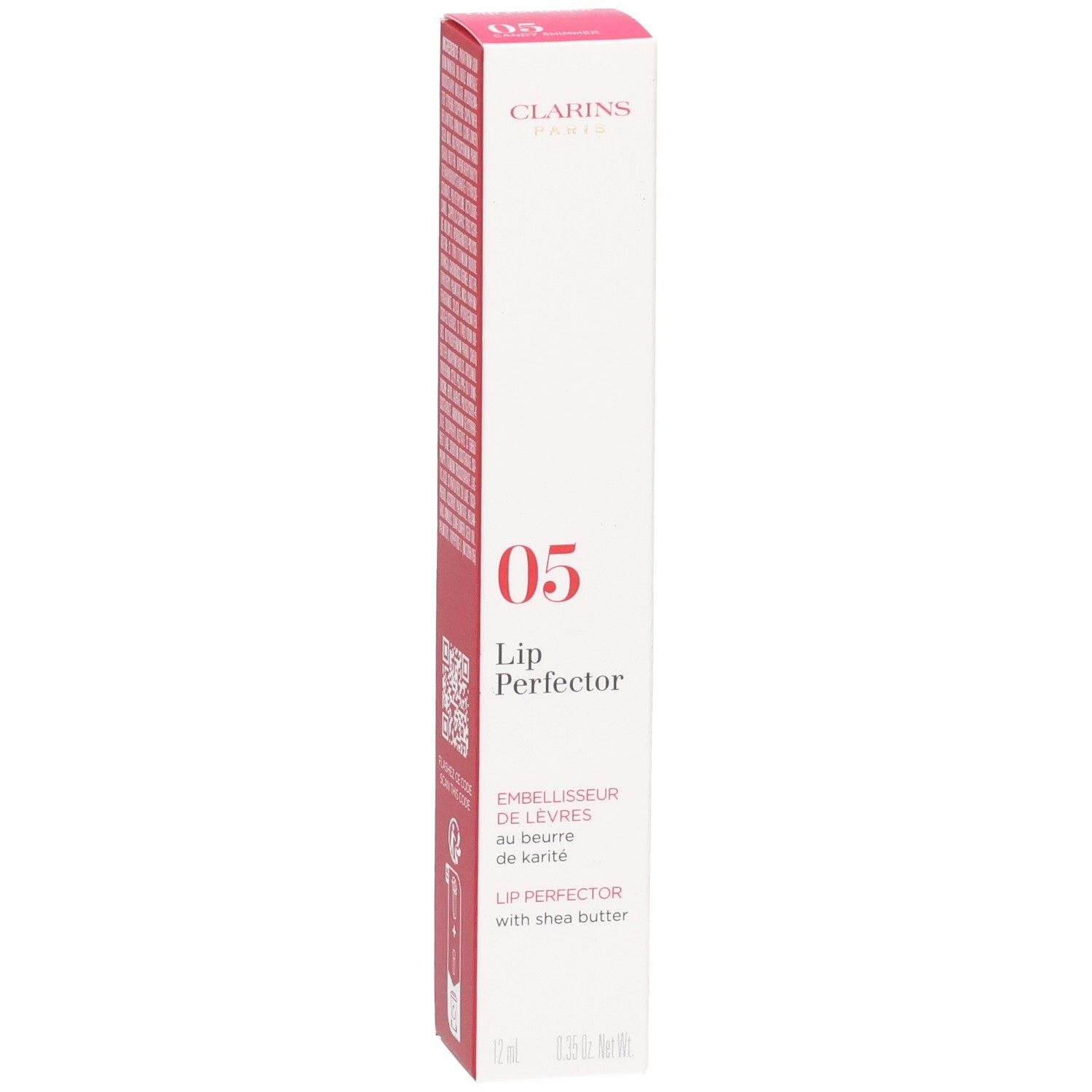 Clarins Lip Perfector 05 in Faltschachtel, Vorderseite mit Produktinformationen.
