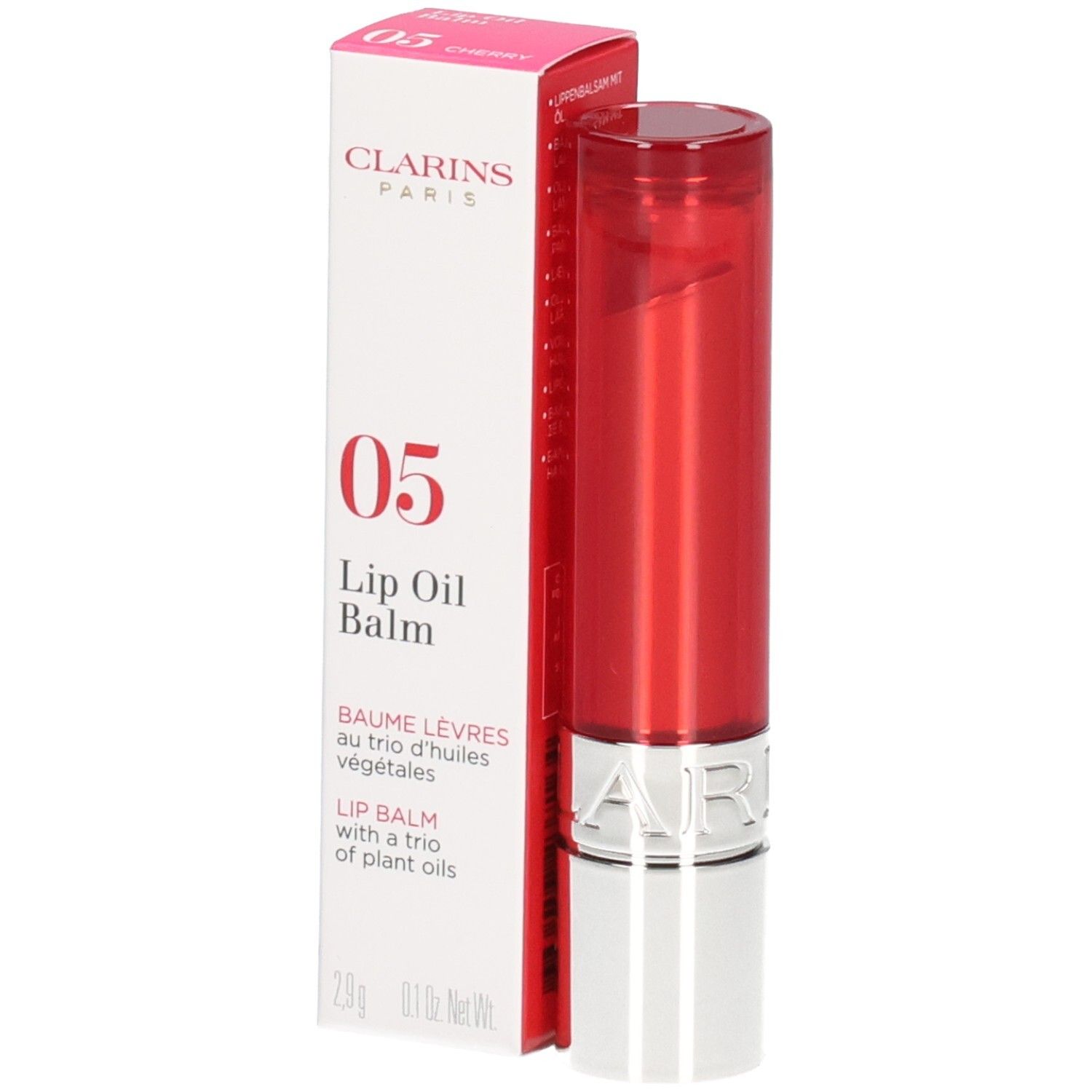 Clarins Lip Balm Oil 05 in roter Hülse mit Schachtel.
