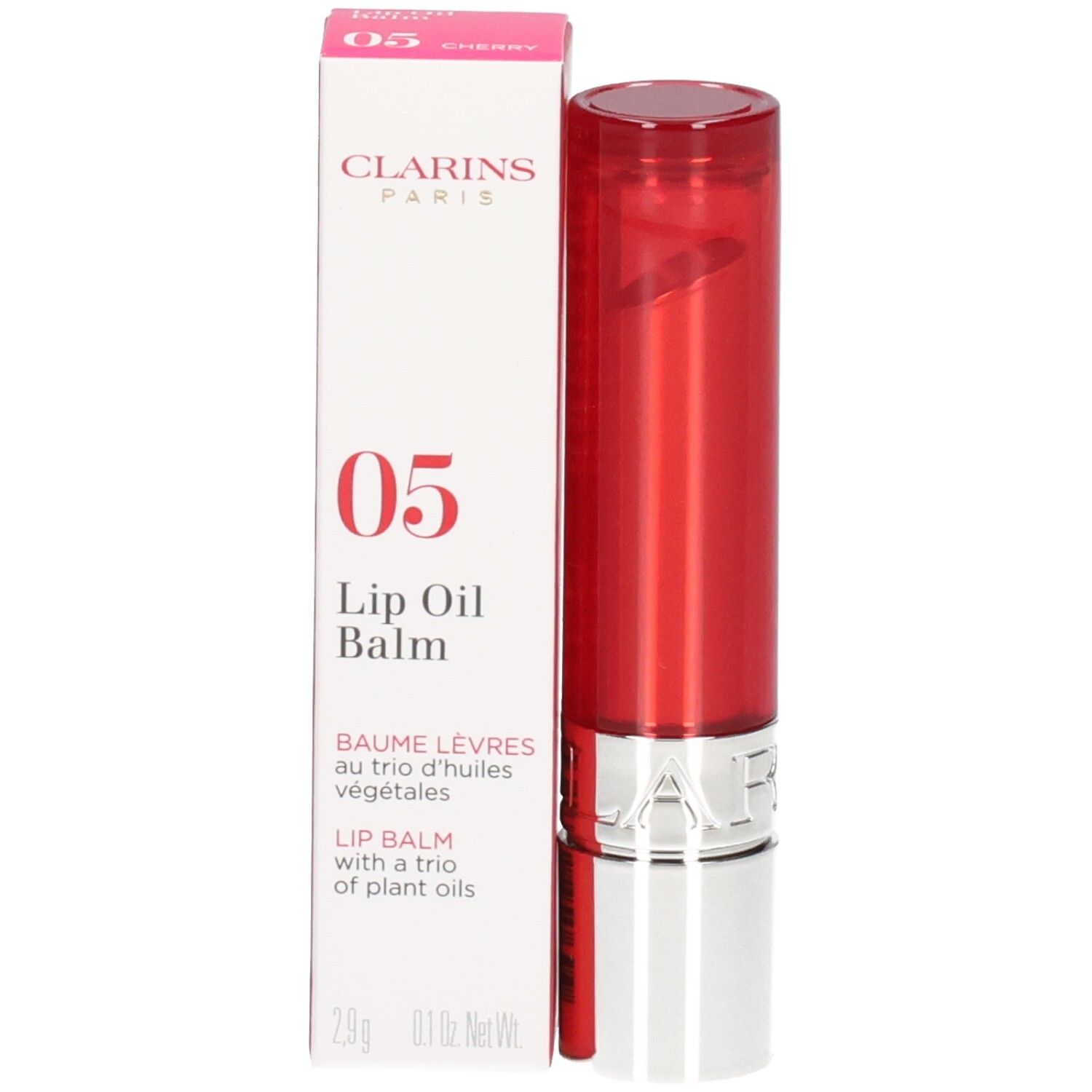 Clarins Lip Balm Oil 05 in roter Hülse mit Schachtel.
