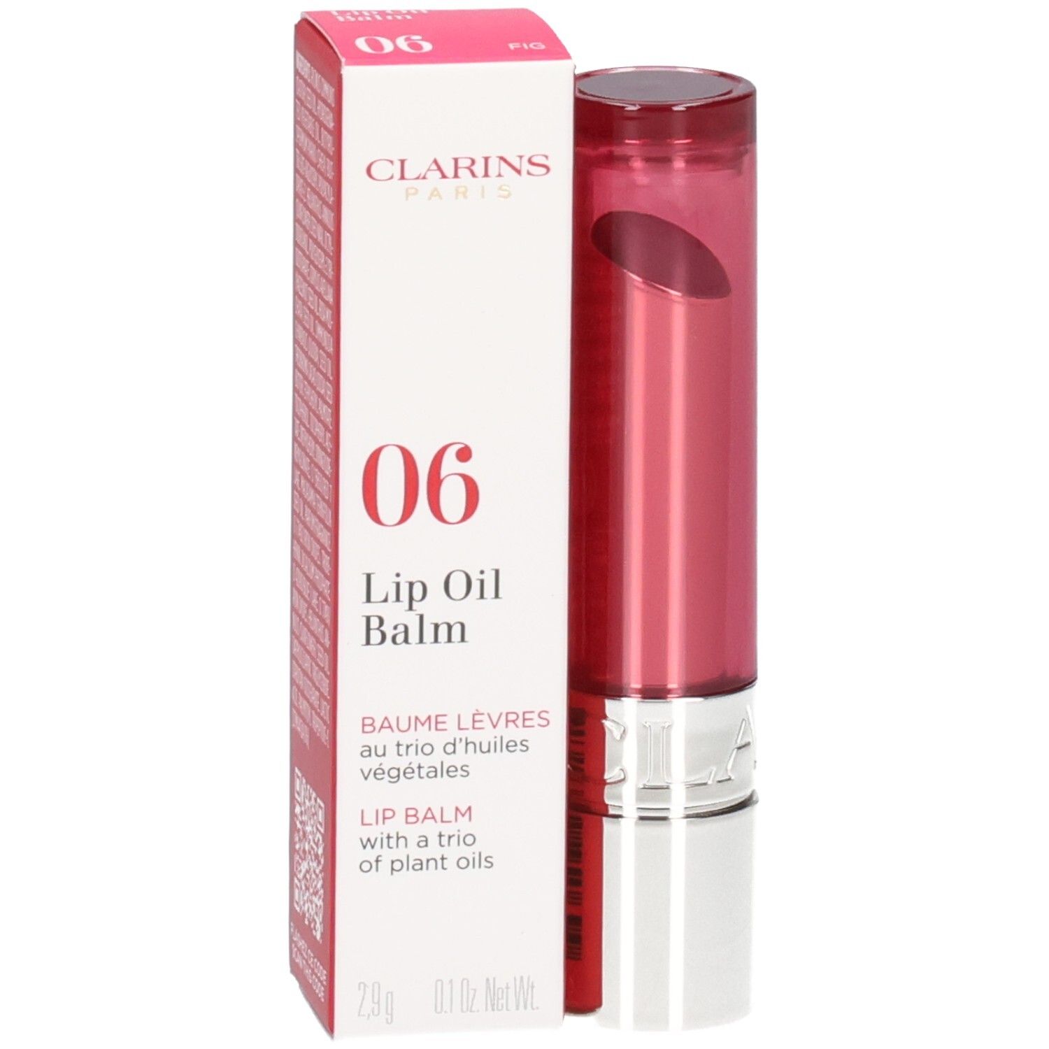 Clarins Lip Oil Balm, Farbe 06 Fig, in Verpackung und Applikator.