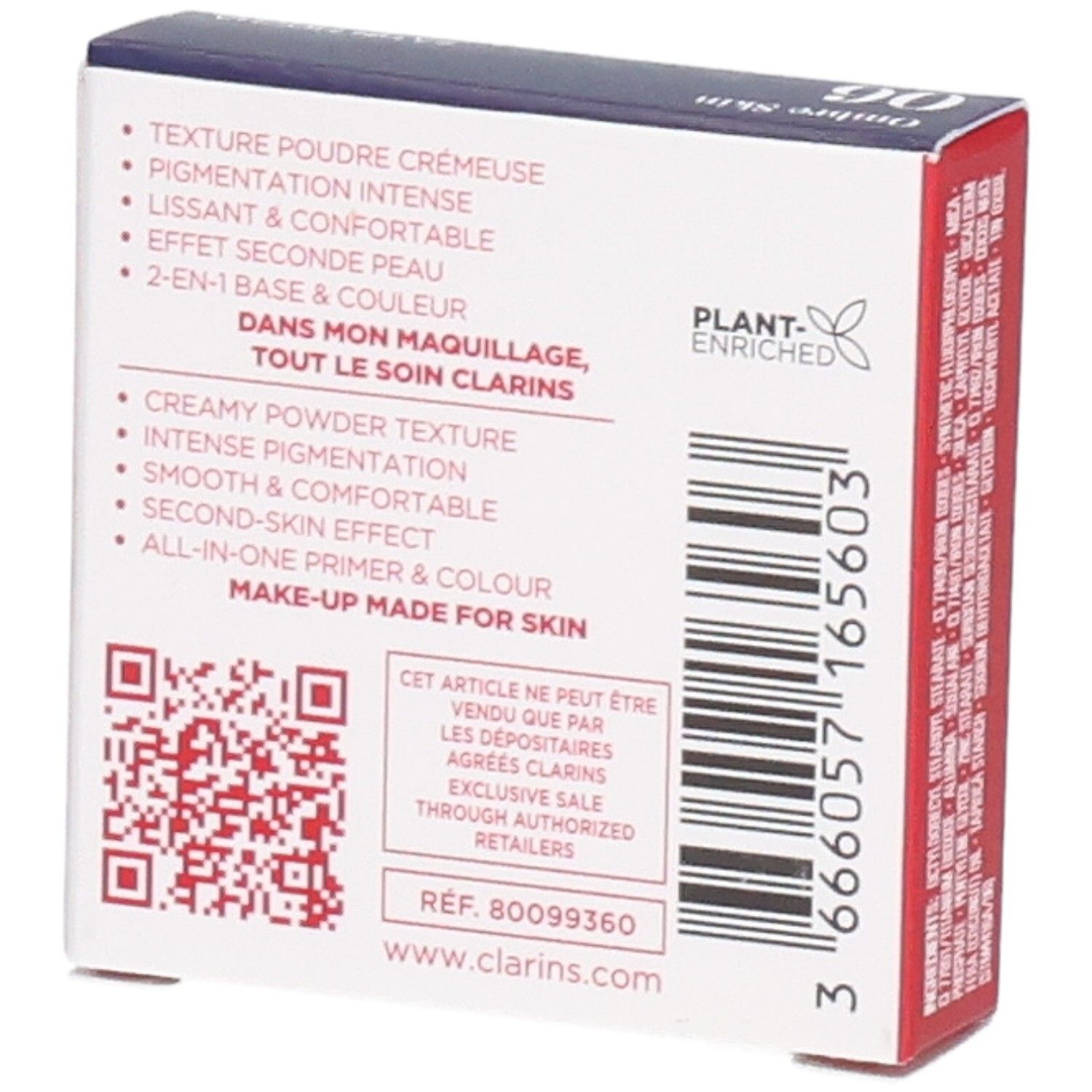 Verpackung mit Produktmerkmalen wie cremiger Pudertextur, intensiver Pigmentierung und 2-in-1-Basis & Farbe.