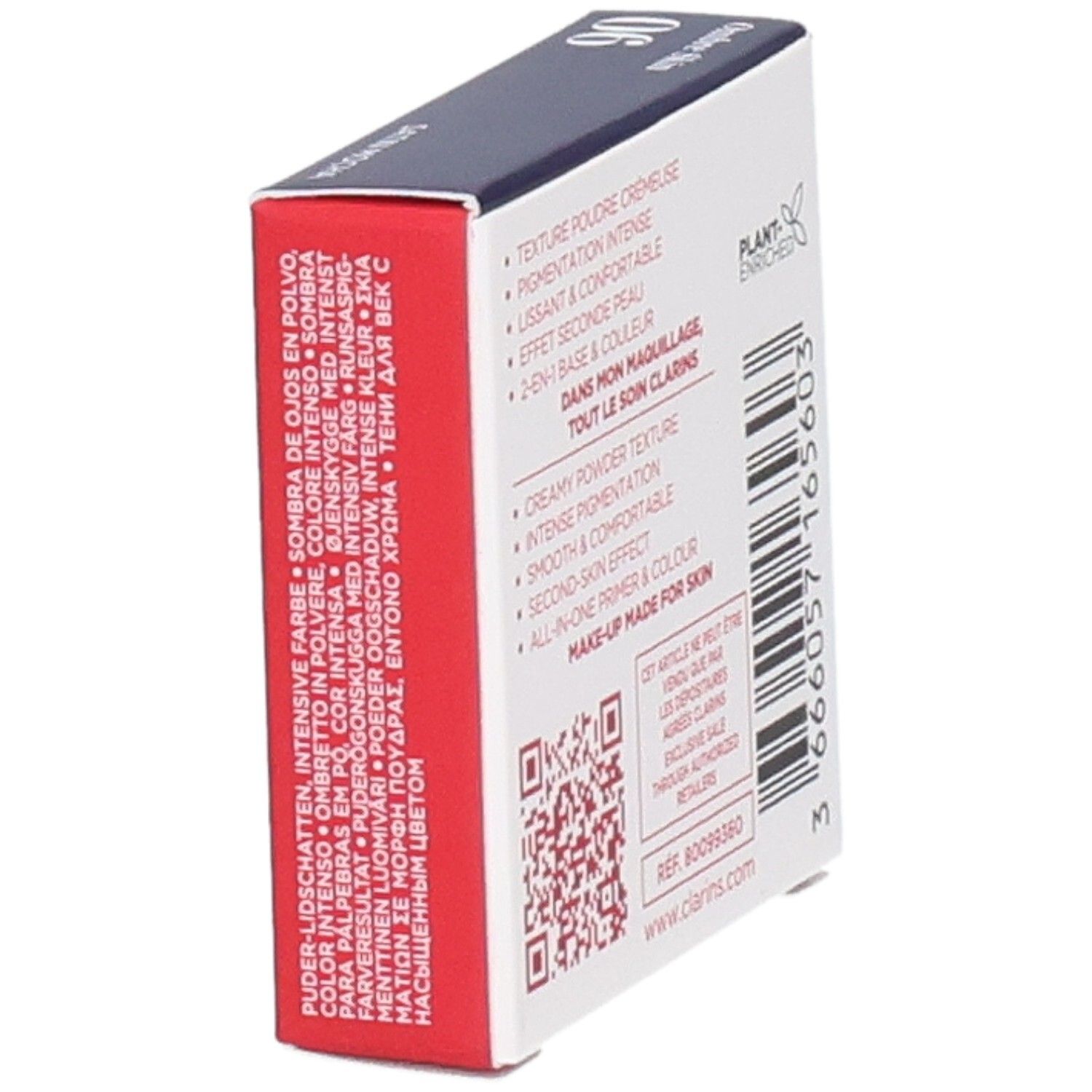 Verpackung für Lidschatten, mit Text in mehreren Sprachen und Barcode.