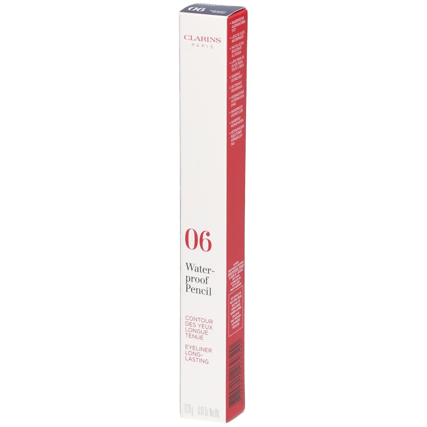 Clarins Waterproof Eye Pencil 06 Smoked Wood Verpackung. Rote und weiße Box mit Produktinformationen.