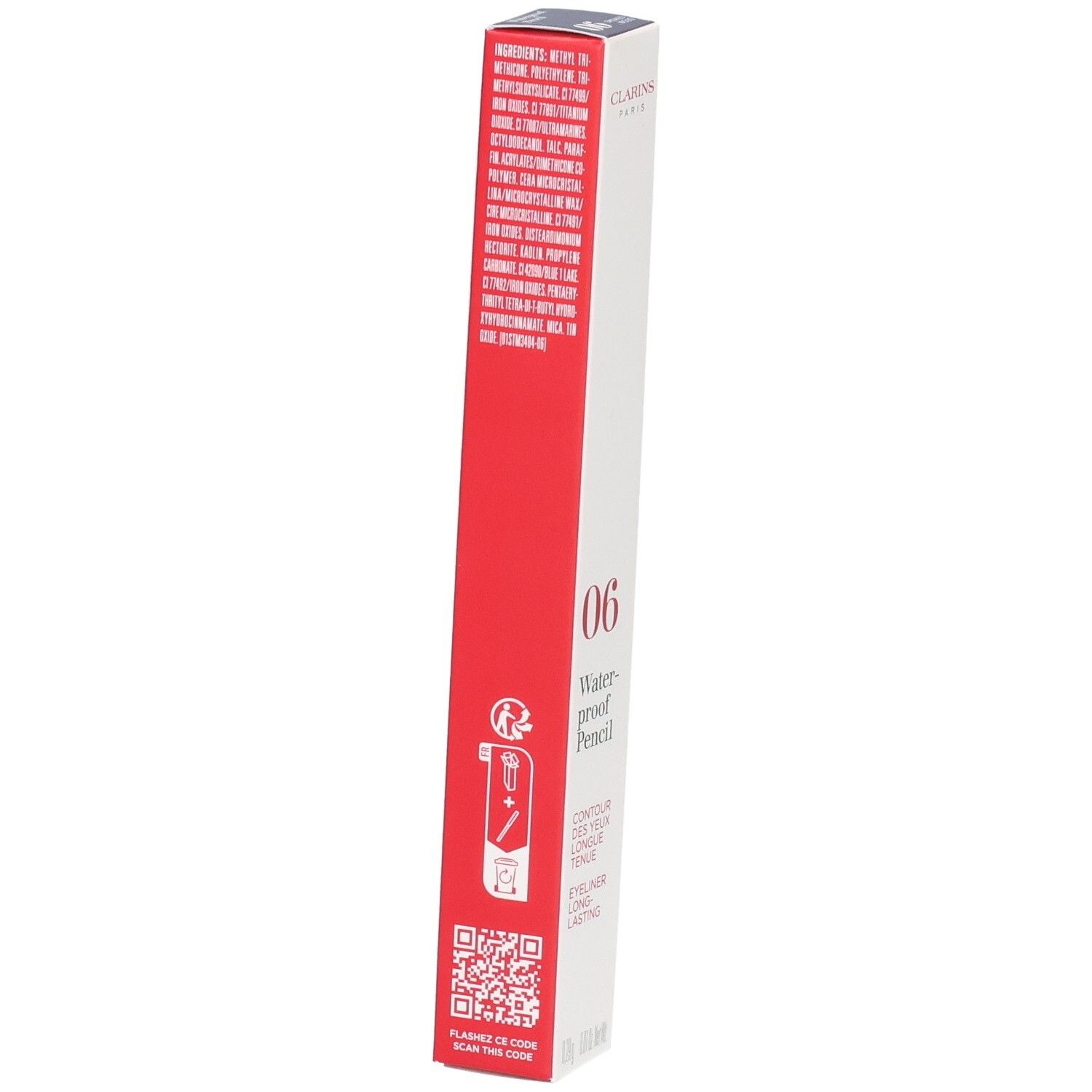 Clarins Waterproof Eye Pencil 06 Smoked Wood Verpackung. Rückseite mit Inhaltsstoffen und QR-Code.