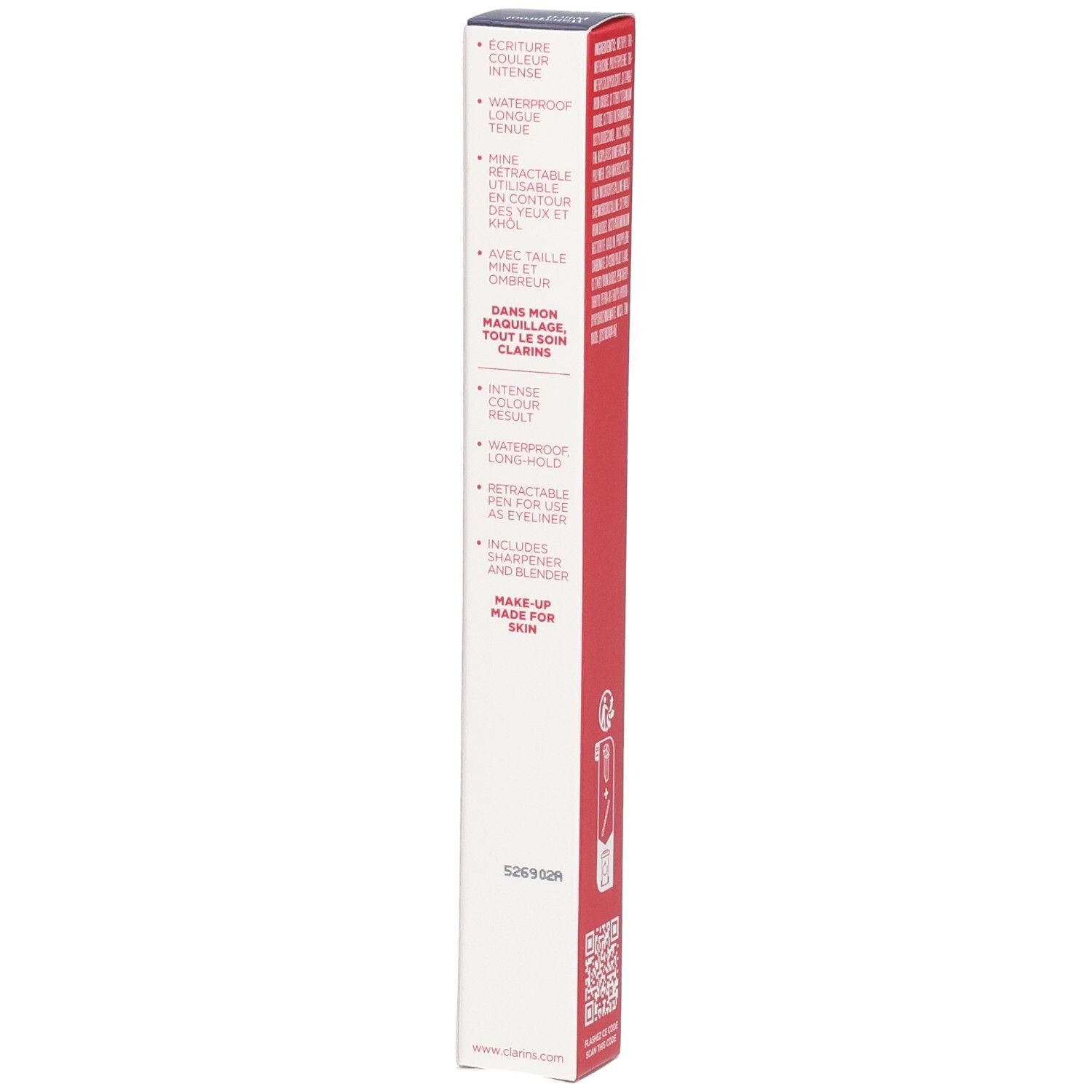 Clarins Waterproof Eye Pencil 06 Smoked Wood Verpackung. Seite mit Produktmerkmalen in mehreren Sprachen.
