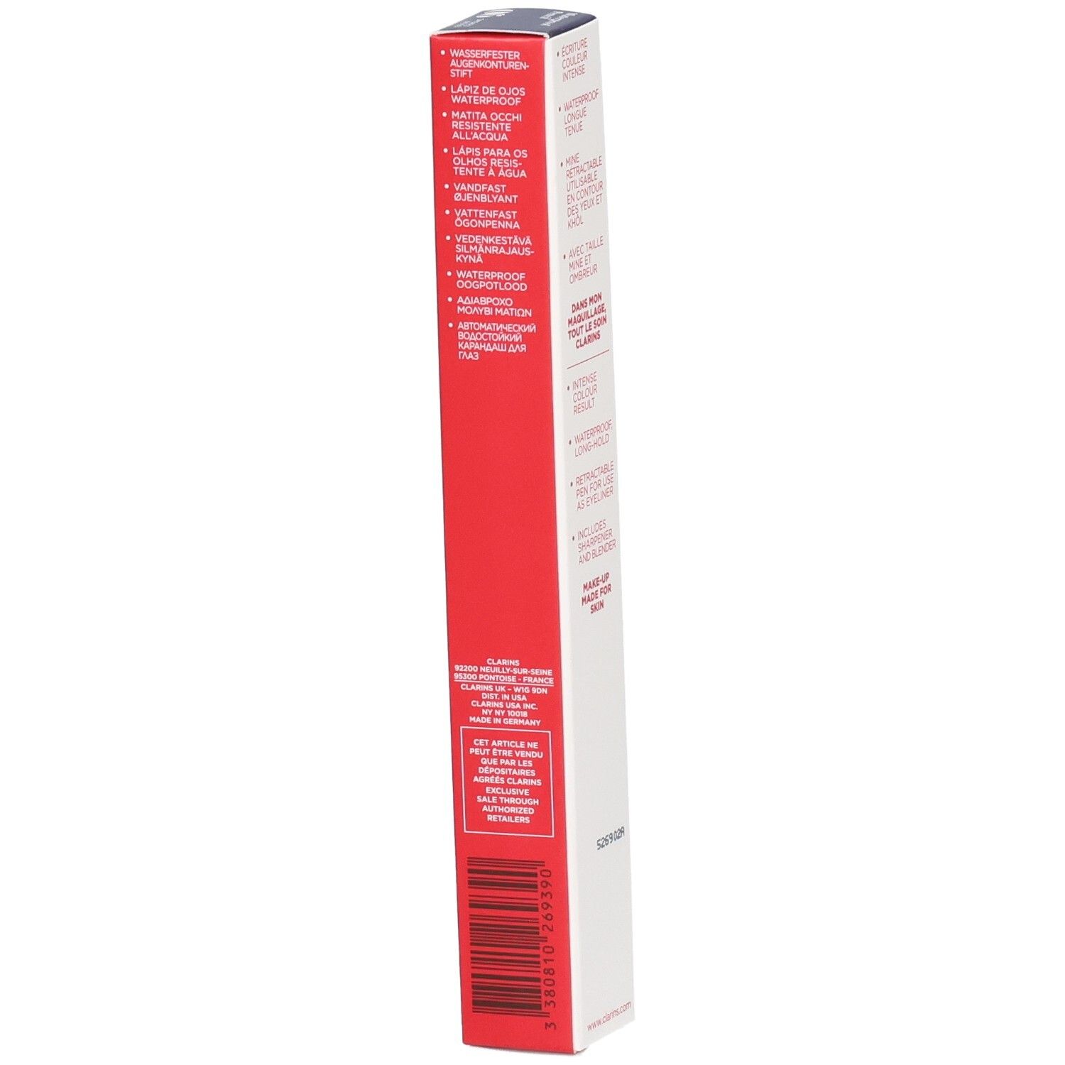 Clarins Waterproof Eye Pencil 06 Smoked Wood Verpackung. Seite mit Produktmerkmalen in Deutsch und Englisch.