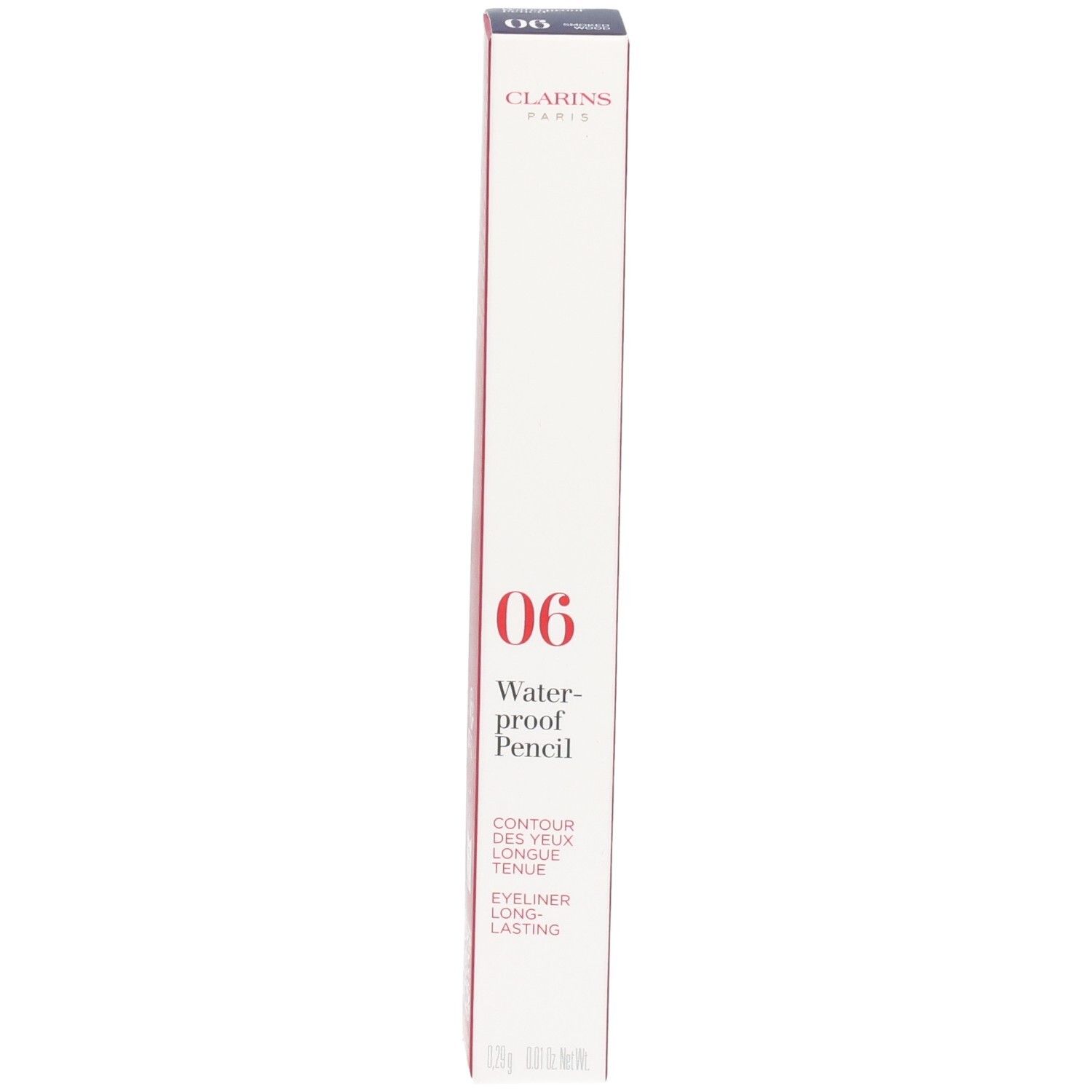 Clarins Waterproof Eye Pencil 06 Smoked Wood Verpackung. Vorderseite mit Produktnummer und -bezeichnung.