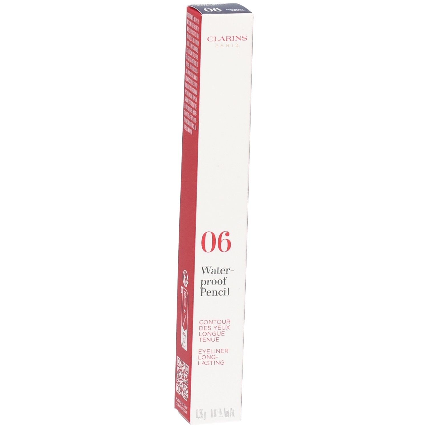 Clarins Waterproof Eye Pencil 06 Smoked Wood Verpackung. Vorderseite mit Produktnummer, -bezeichnung und Logo.