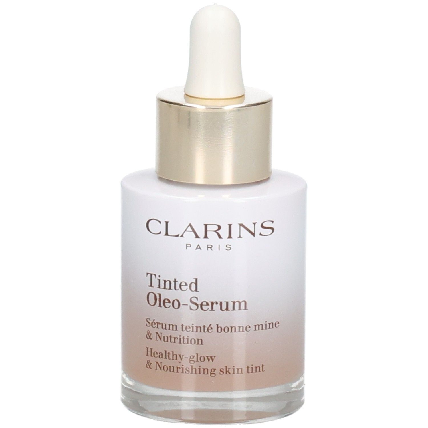 Clarins Tinted Oleo-Serum Flasche mit Pipette. Goldener Ring und weißer Verschluss.