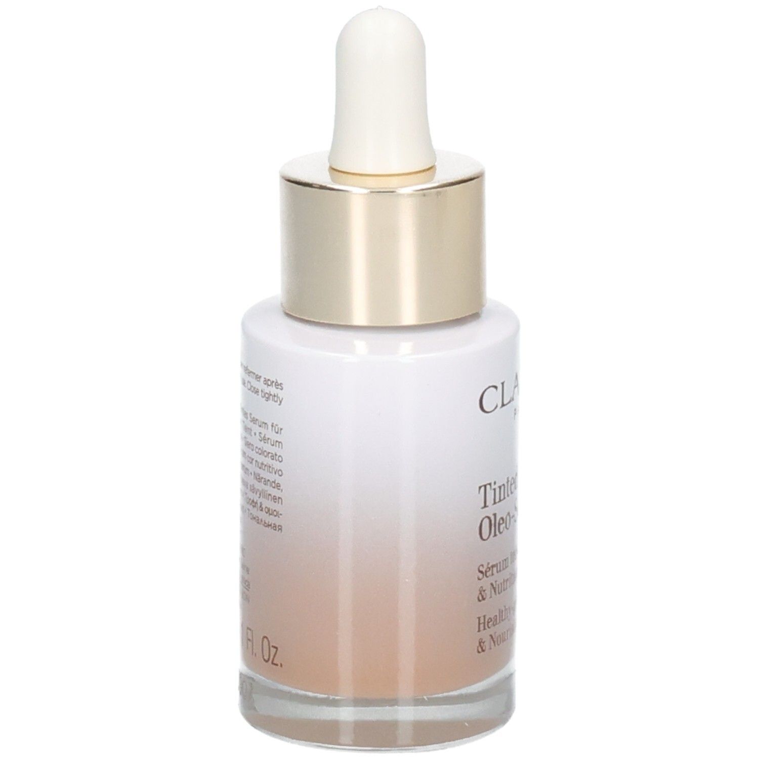 Clarins Tinted Oleo-Serum Flasche mit Pipette. Goldener Ring und weißer Verschluss. Seitenansicht.