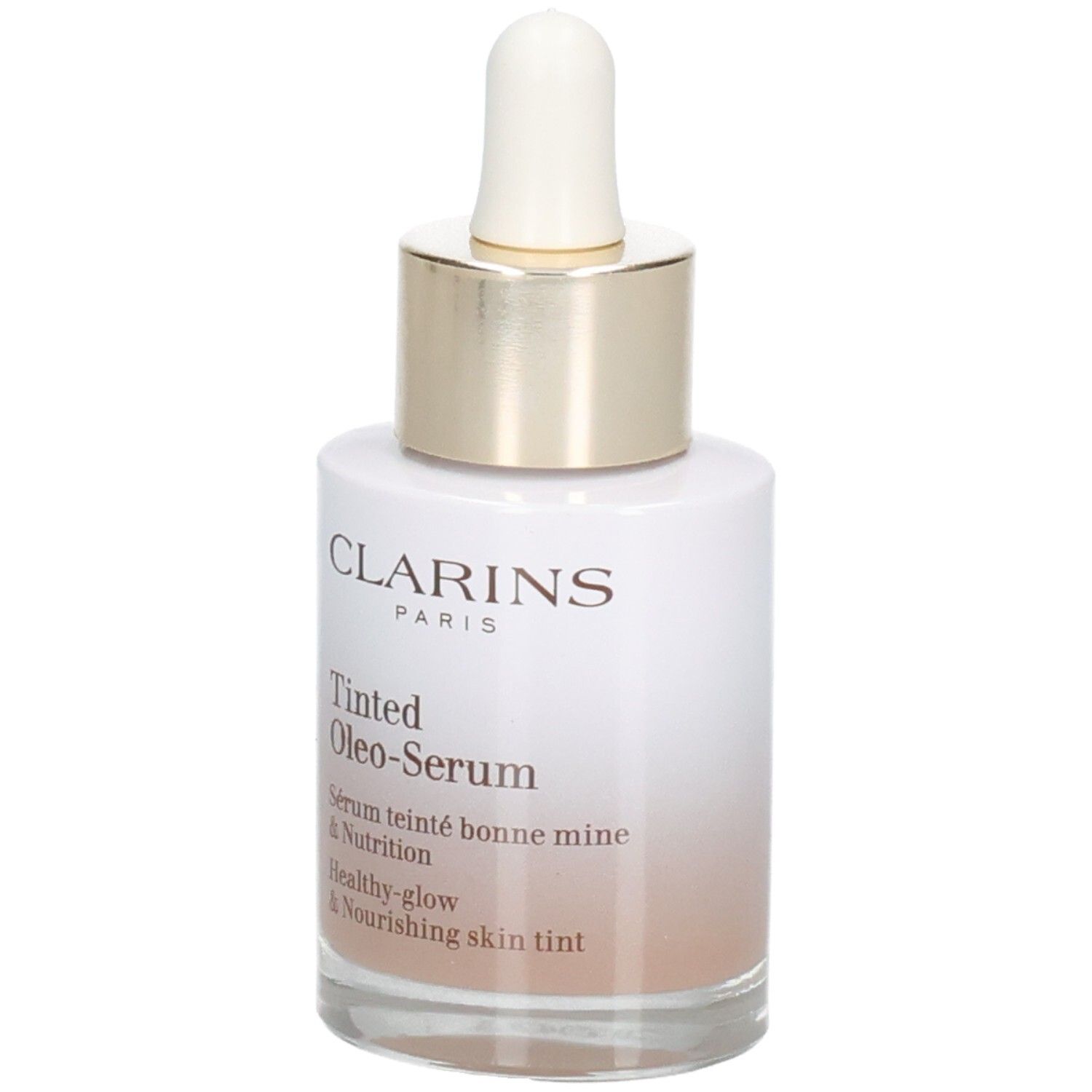 Clarins Tinted Oleo-Serum Flasche mit Pipette. Goldener Ring und weißer Verschluss. Vorderansicht.