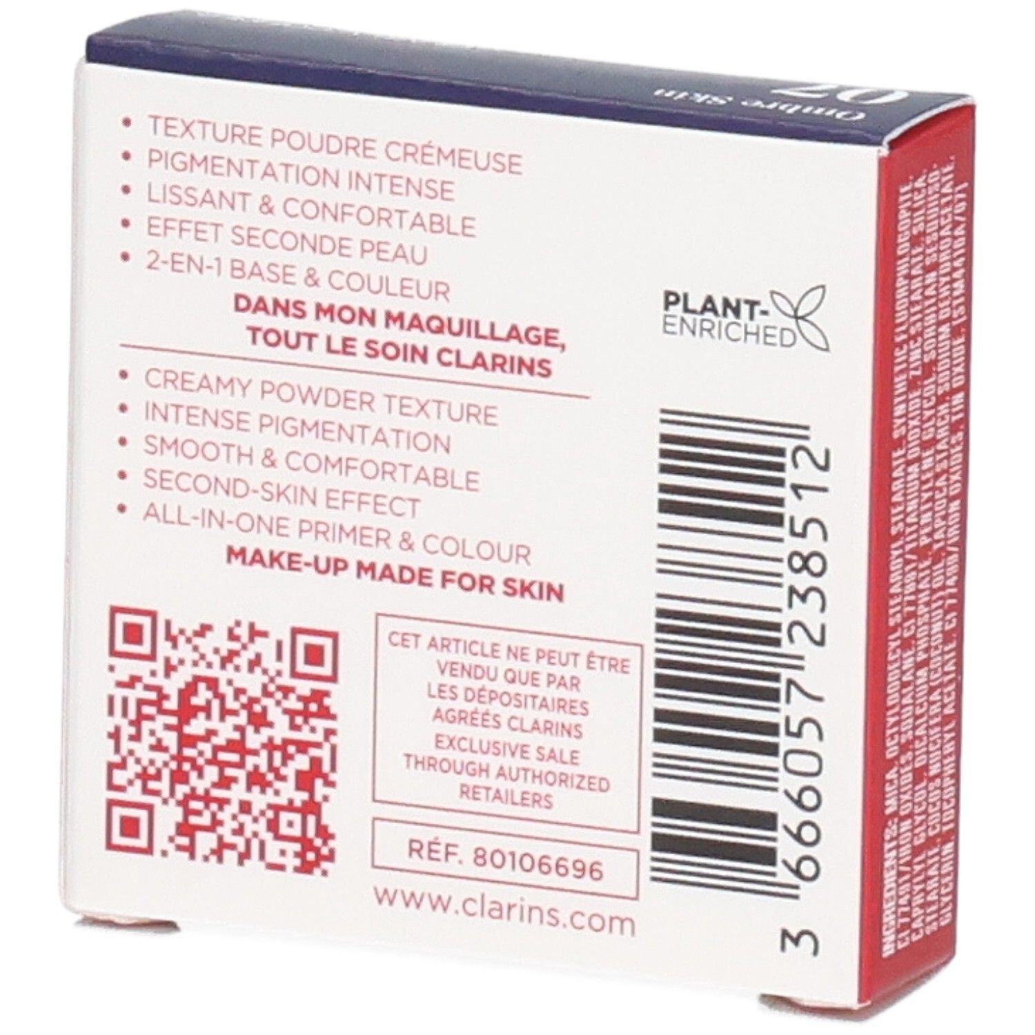 Clarins Ombre Skin Lidschatten Kompakt 07 Perliges Kupfer, 1,5 g, Rückseite mit Inhaltsstoffen.