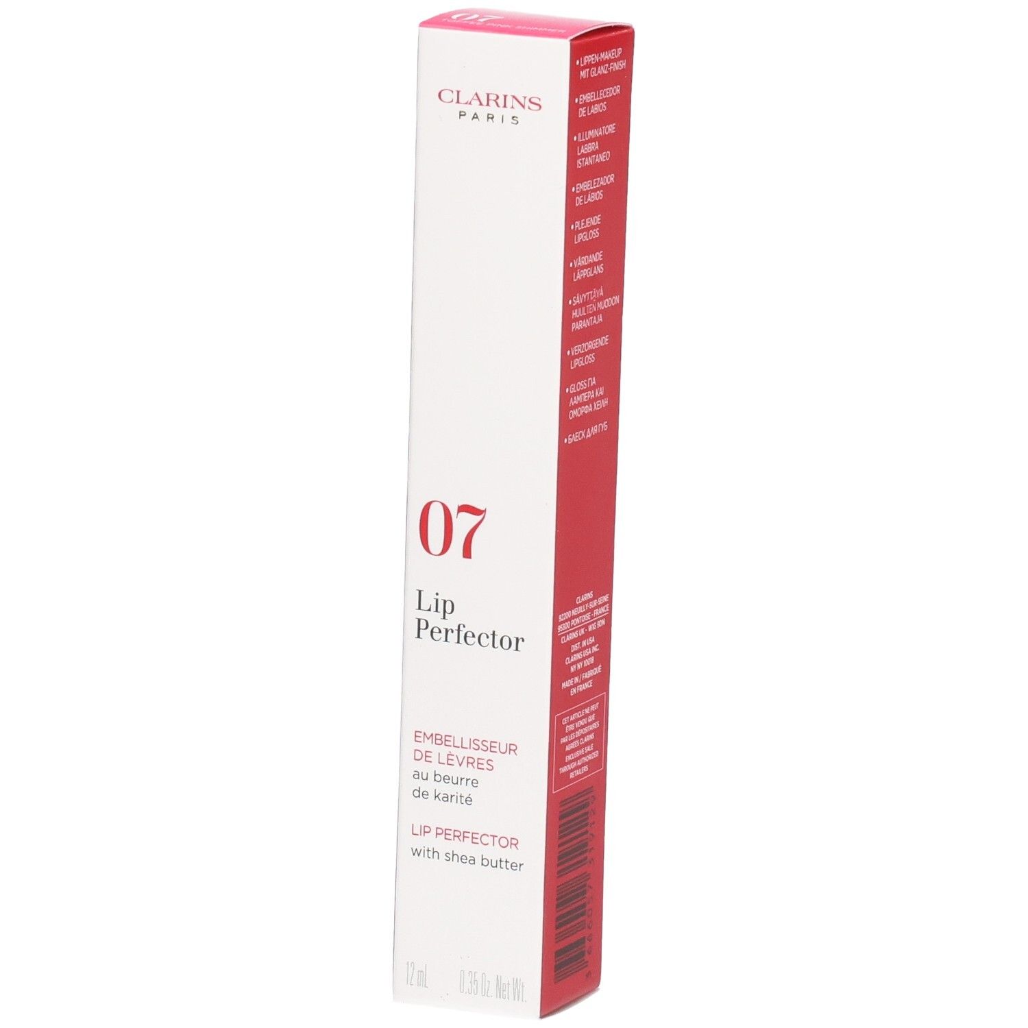 Clarins Lip Perfector 07 in weißer und roter Verpackung mit Shea Butter Aufschrift.