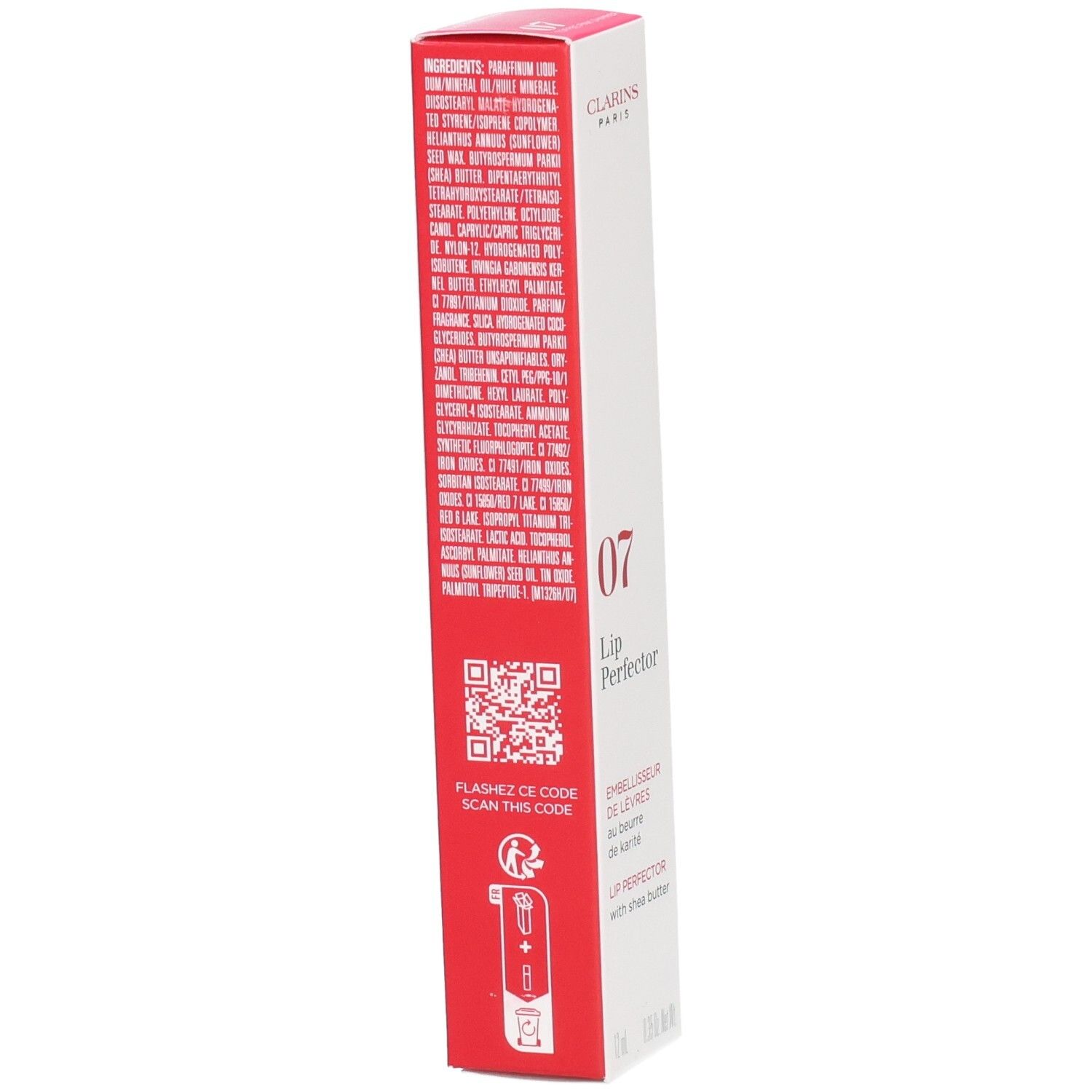 Clarins Lip Perfector 07 in weißer und roter Verpackung mit Inhaltsstoffliste und QR-Code.