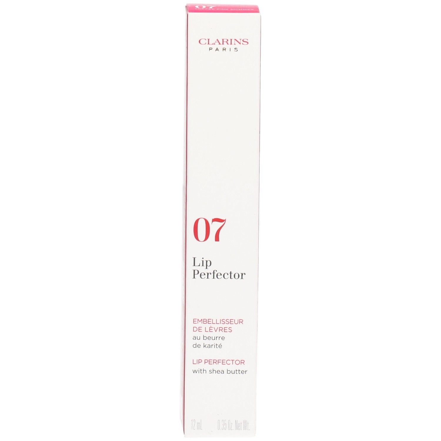 Clarins Lip Perfector 07 in weißer Verpackung mit rosa Akzenten. Enthält Sheabutter.