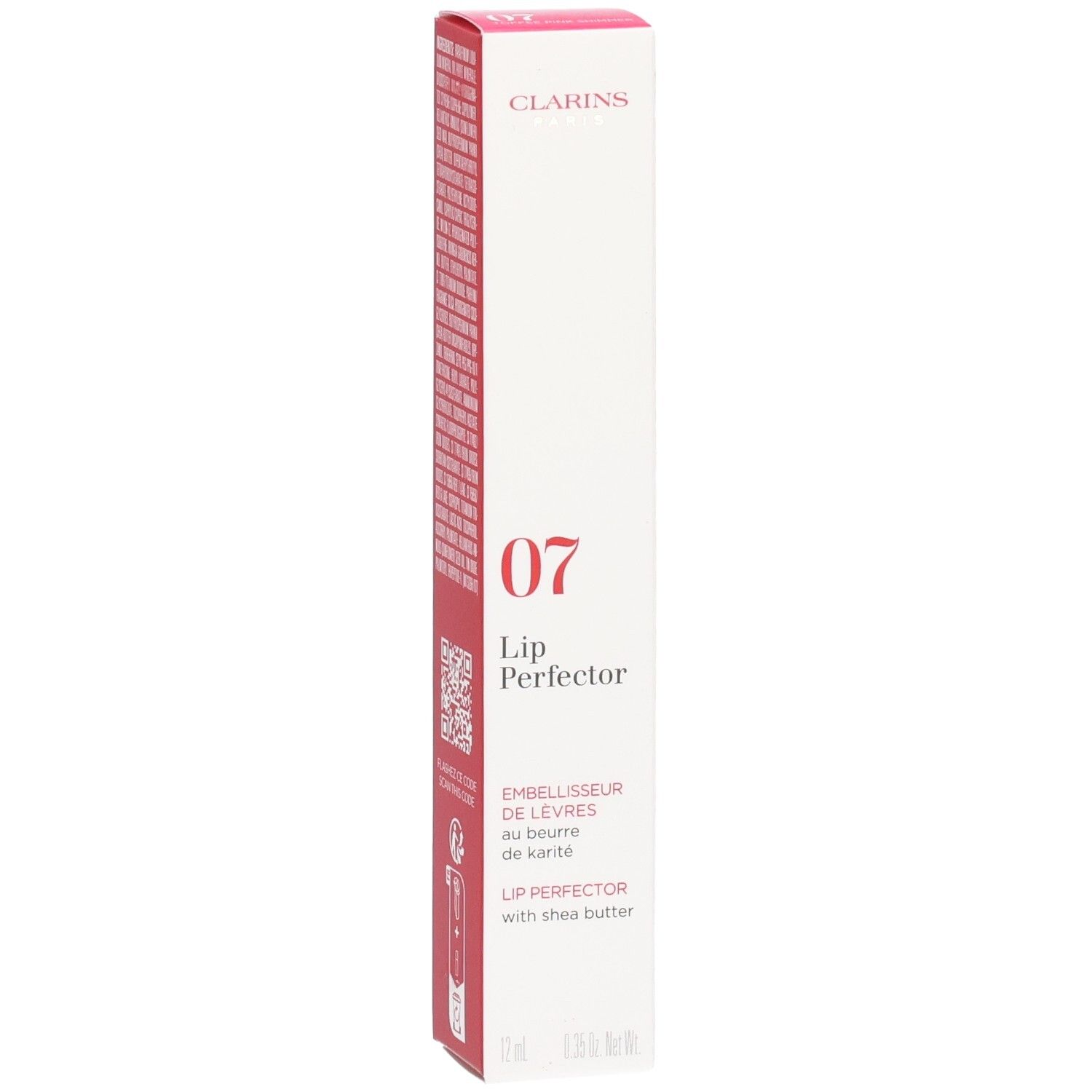 Clarins Lip Perfector 07 in weißer und roter Verpackung mit Shea-Butter-Aufschrift.