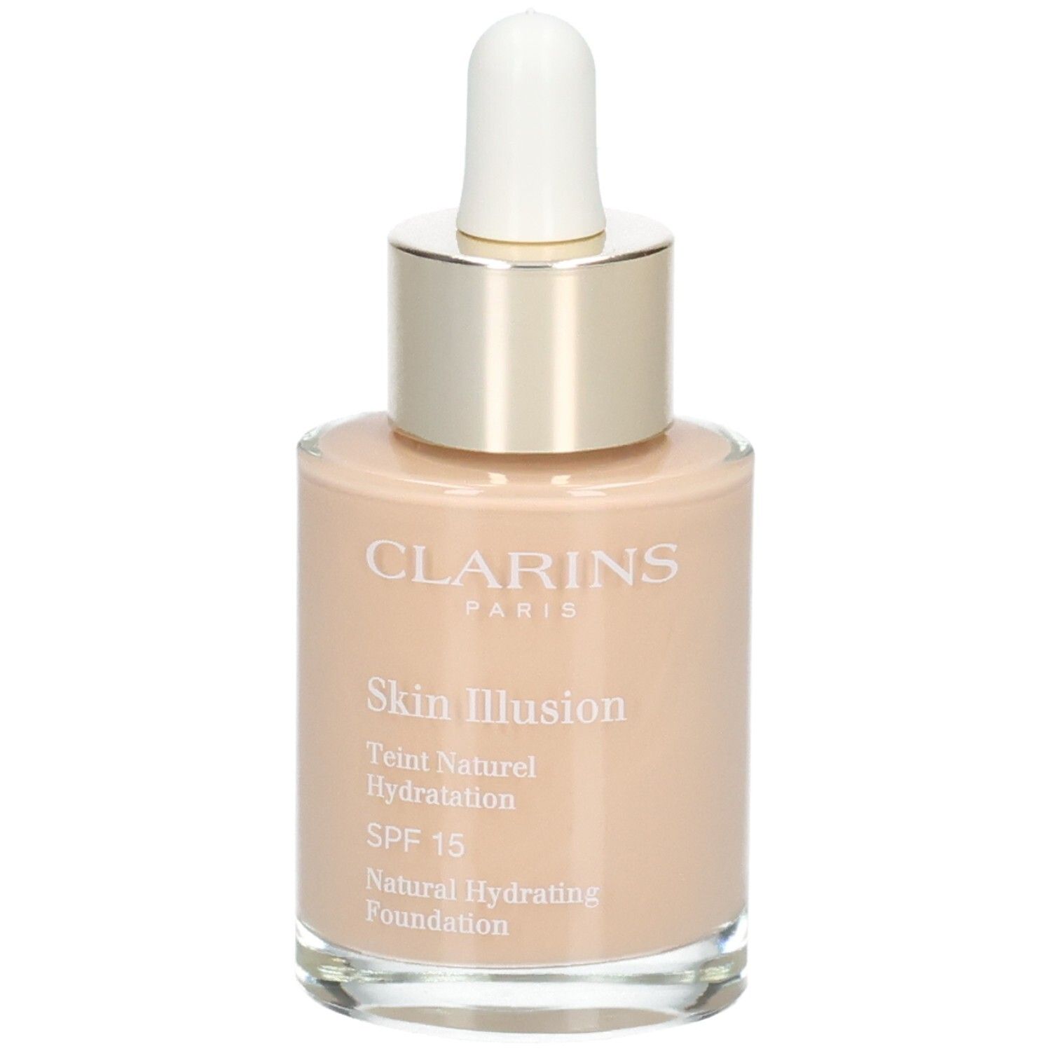 Clarins Skin Illusion Foundation mit SPF 15 in einem Glasflakon mit Pipettenverschluss.