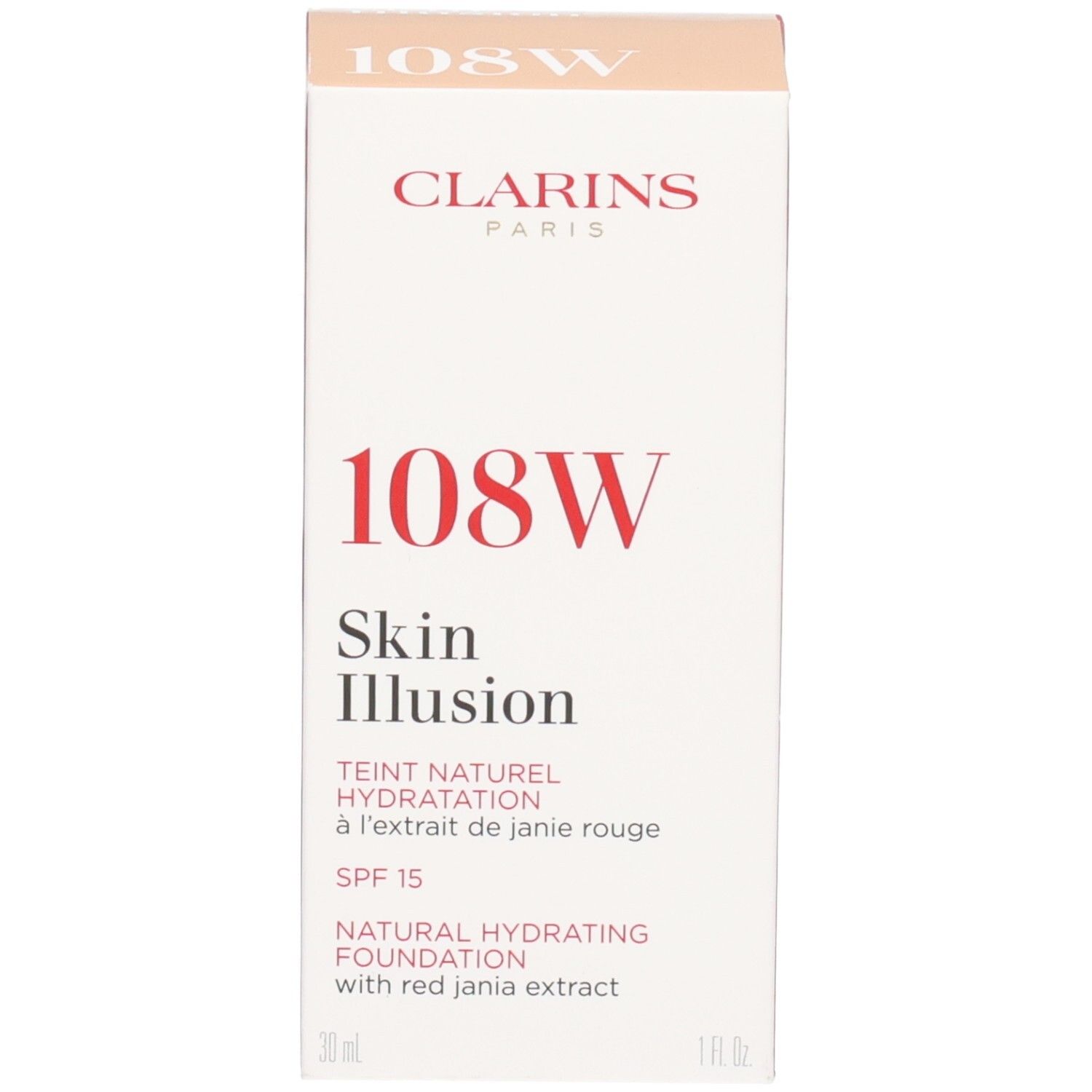 Clarins Skin Illusion Foundation, Farbton 108W, SPF 15, natürliche feuchtigkeitsspendende Foundation mit Jania Rouge Extrakt.