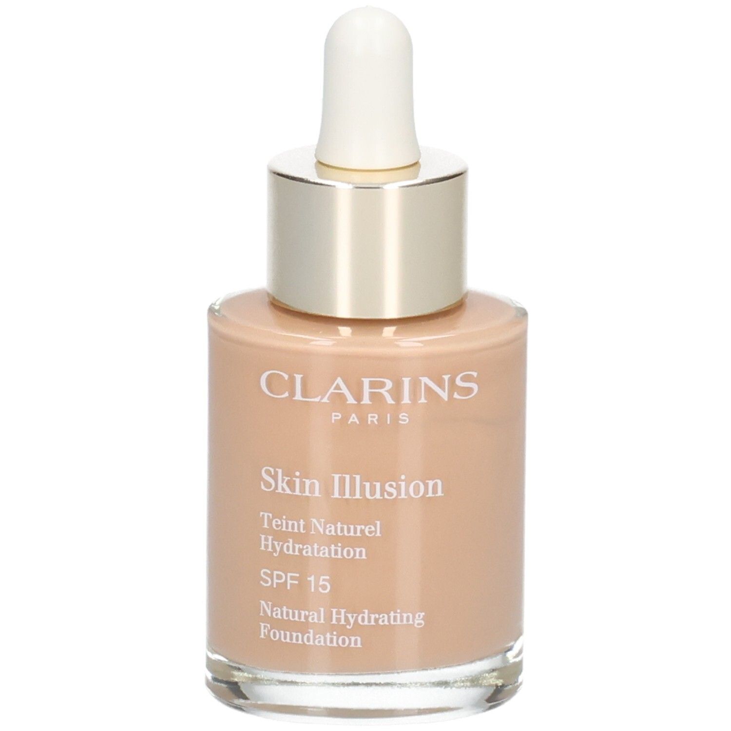 Clarins Skin Illusion Foundation, Farbton 112 Amber, in Glasflasche mit Pipette.