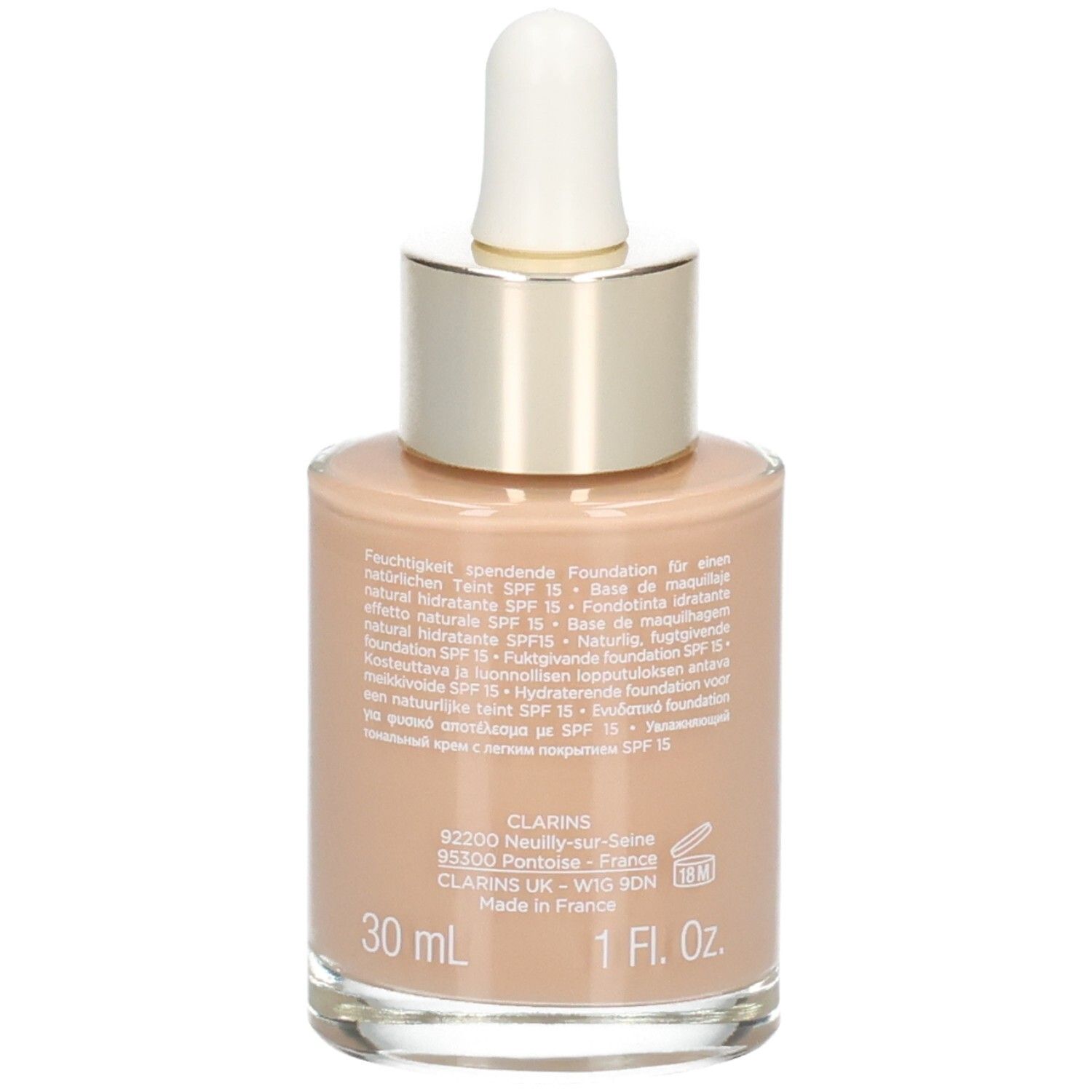 Clarins Skin Illusion Foundation, Farbton 112 Amber, 30ml, Rückseite mit Details.