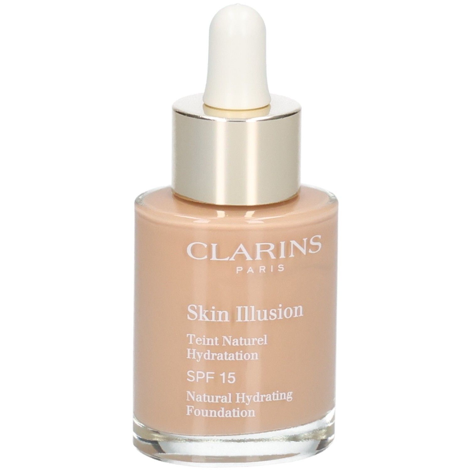 Clarins Skin Illusion Foundation, Farbton 112 Amber, Glasflasche mit Pipette, Frontalansicht.
