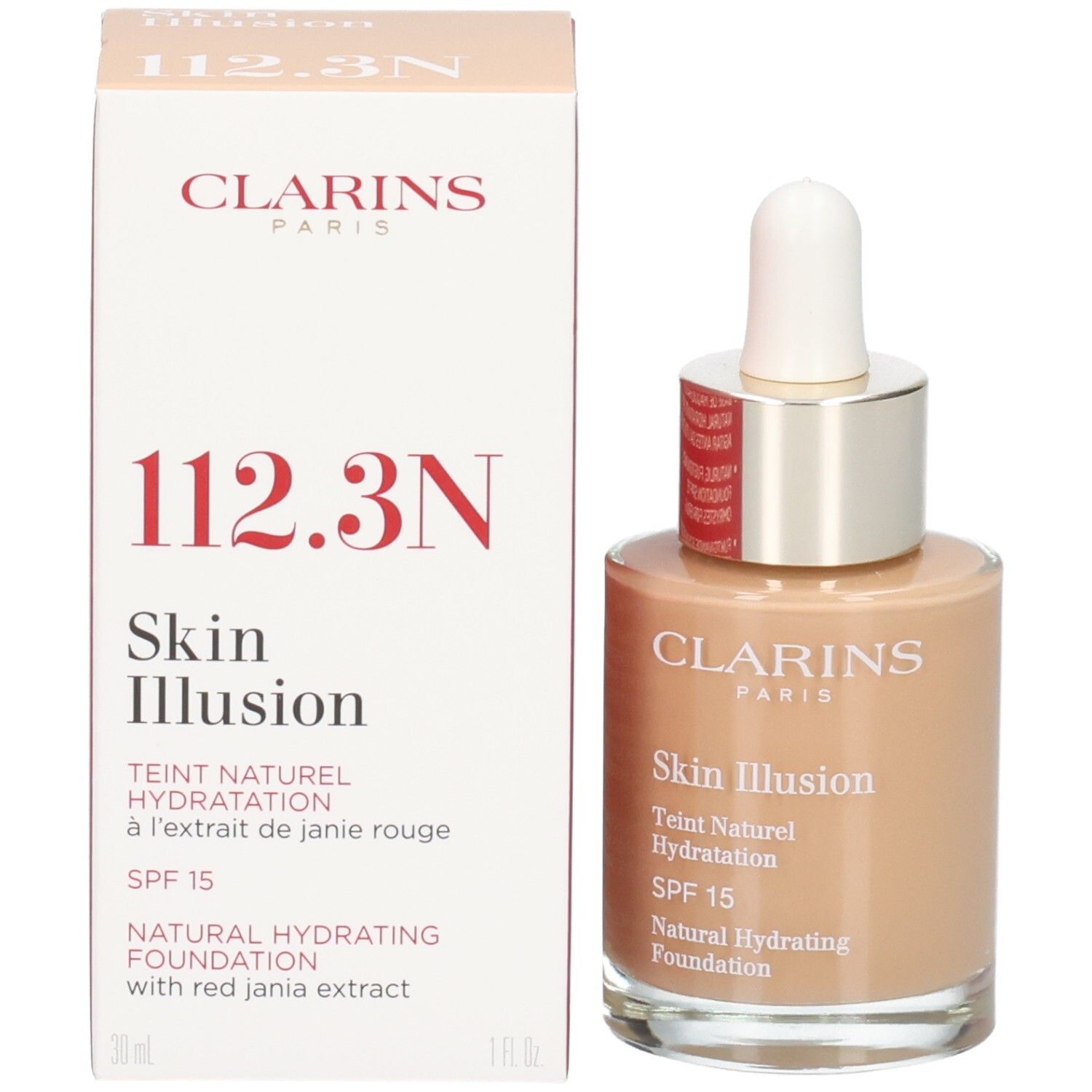 Clarins Skin Illusion Foundation, 112.3N, natürlicher Farbton, mit Pipette. Kartonverpackung daneben.