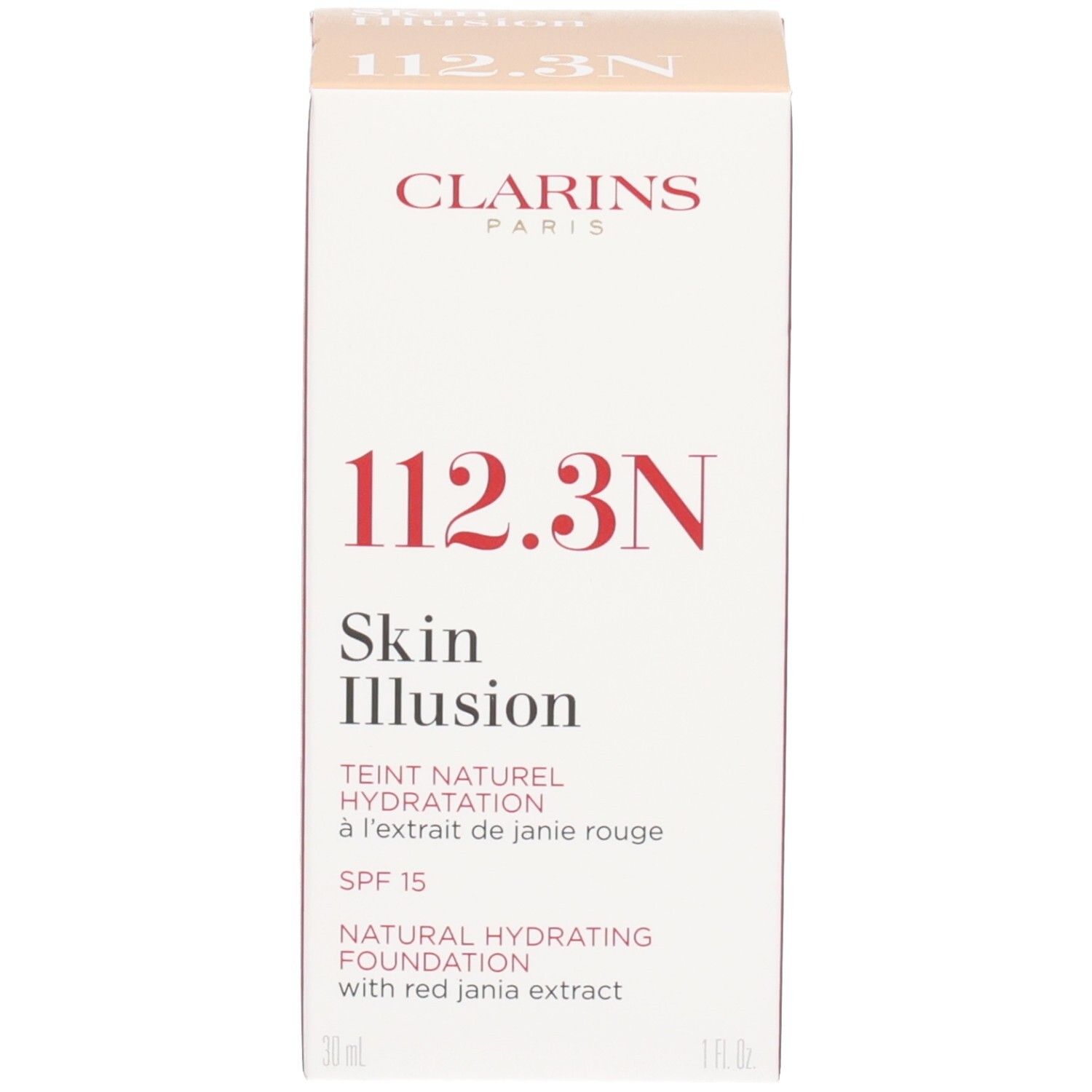 Clarins Skin Illusion Foundation, Farbton 112.3N. Natürliche feuchtigkeitsspendende Foundation mit LSF 15.