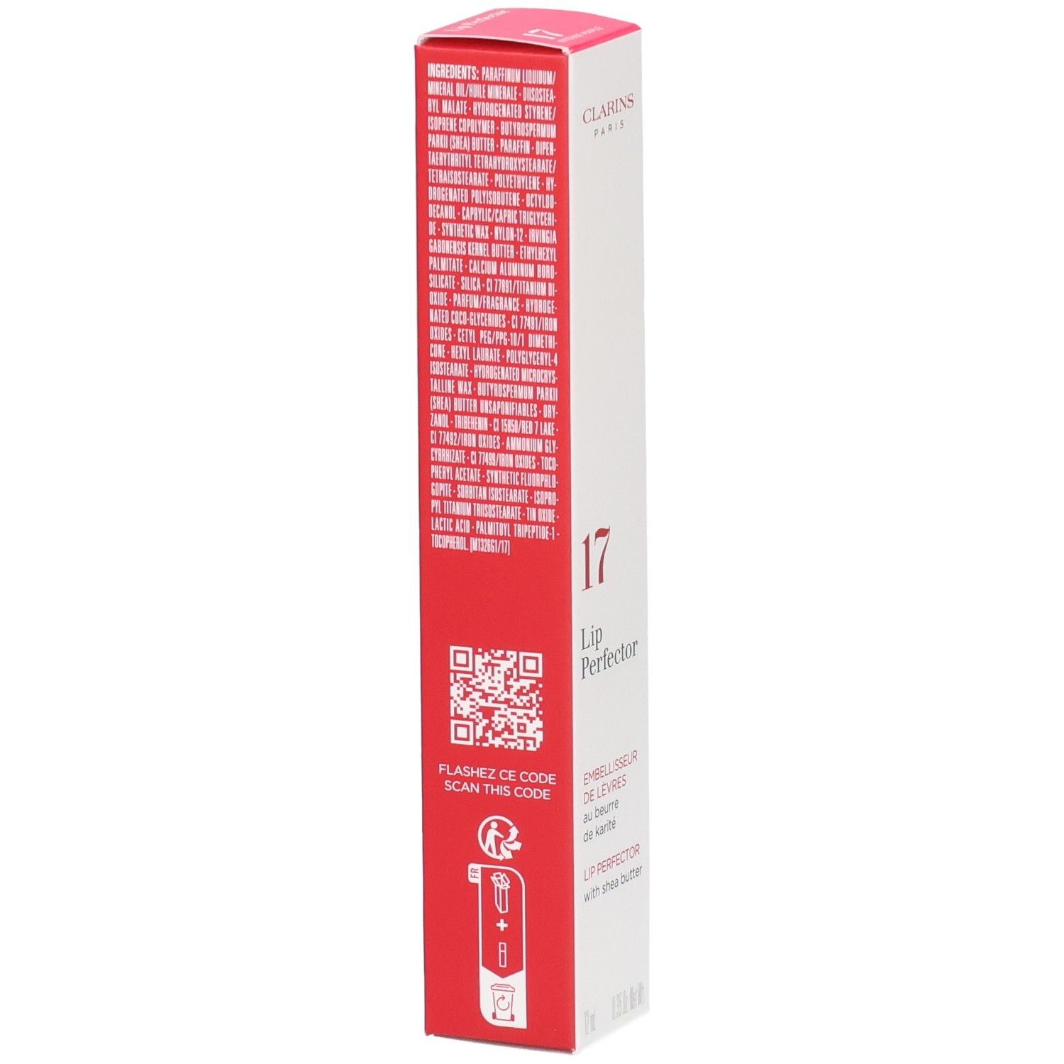Clarins Lip Perfector 17 Verpackung mit Inhaltsstoffen und QR-Code.