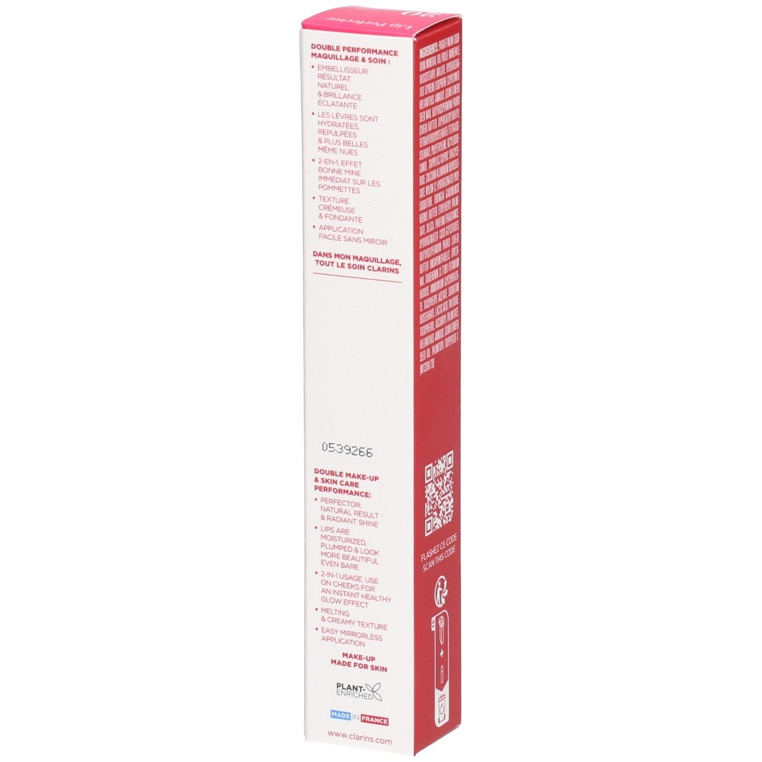 Emballage d'un produit de maquillage et de soin de la peau avec texte et code QR.