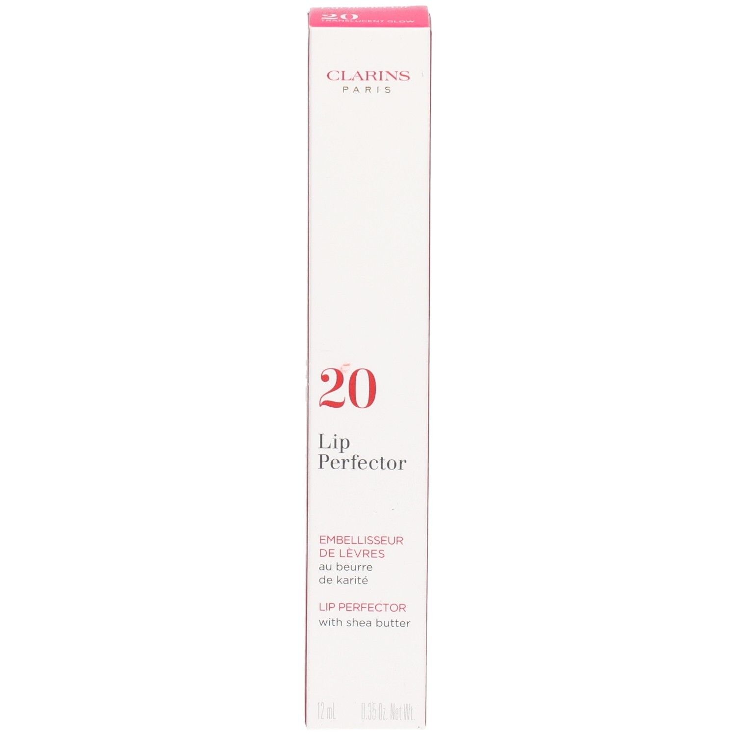 Clarins Lip Perfector N°20 sur emballage blanc avec accents roses. Contient du beurre de karité.