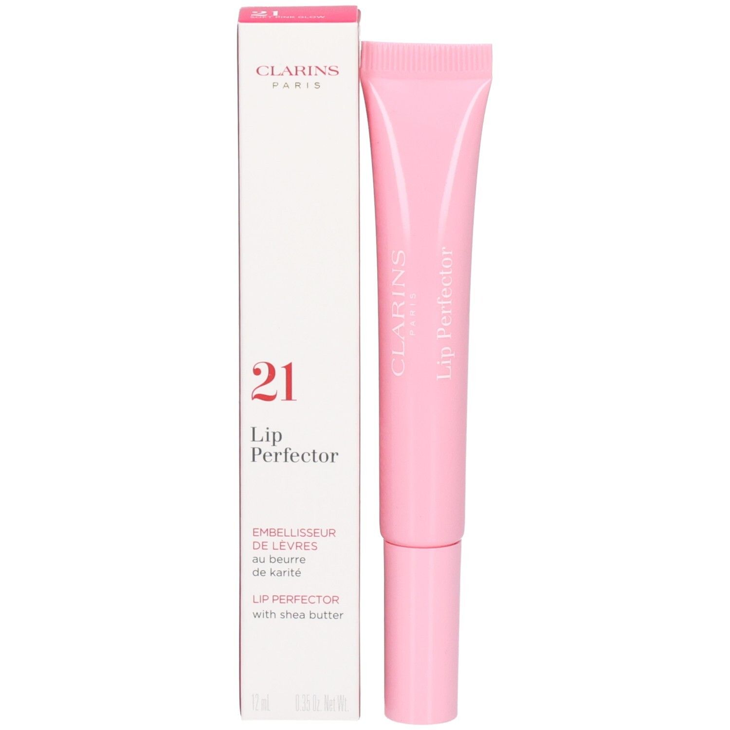 Clarins Lip Perfector Nr. 21 in rosa Tube mit Faltschachtel. Enthält Sheabutter.