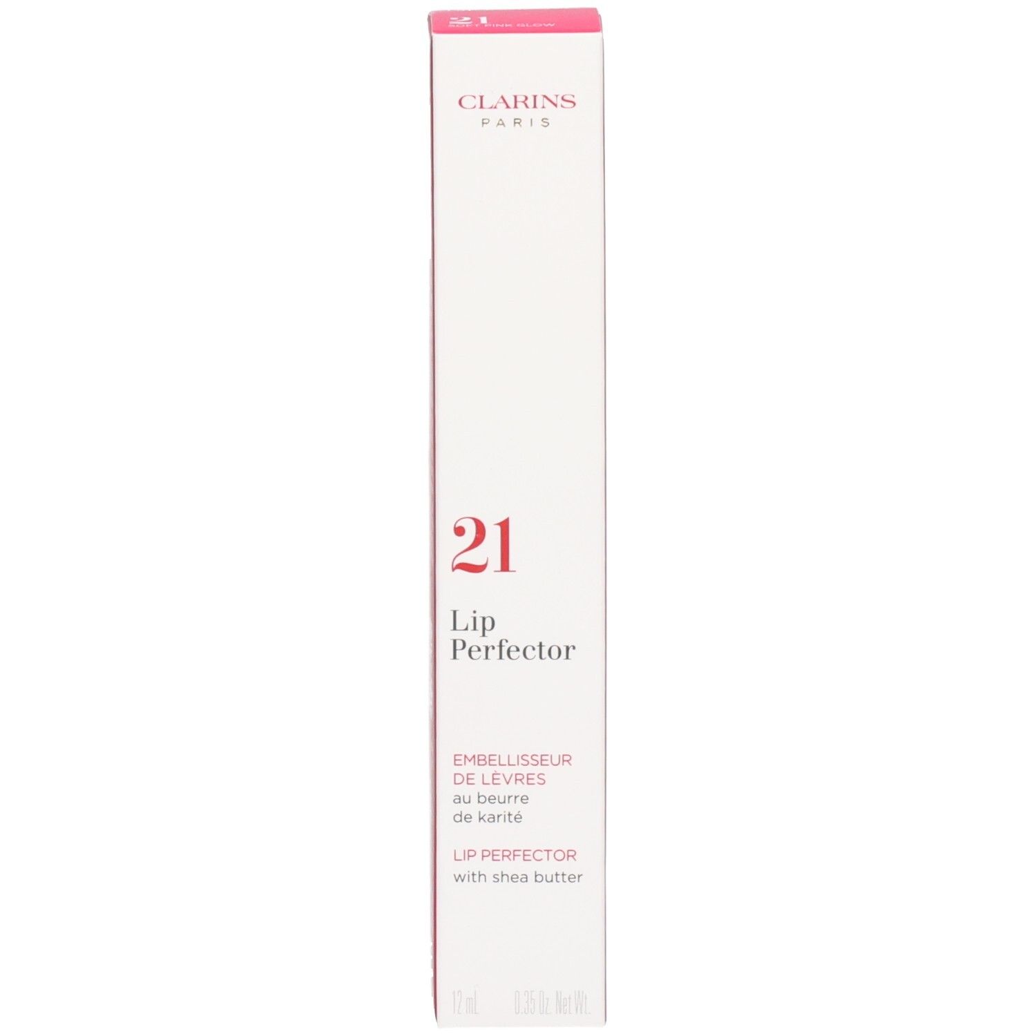 Clarins Lip Perfector Nr. 21 Verpackung mit Sheabutter-Hinweis.