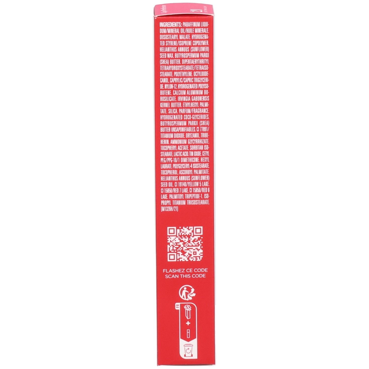 Rote Verpackung mit Inhaltsstoffliste und QR-Code.