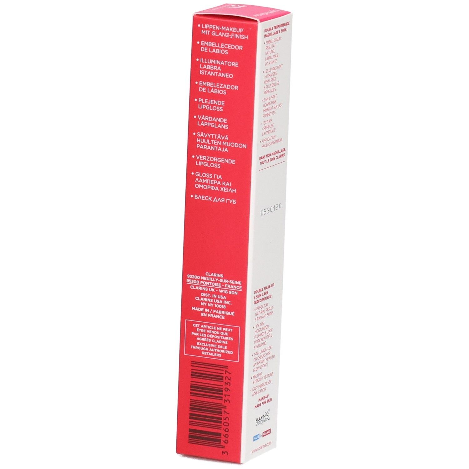 Emballage d'un maquillage pour lèvres finition brillante. Comprend des descriptions multilingues et un code-barres.
