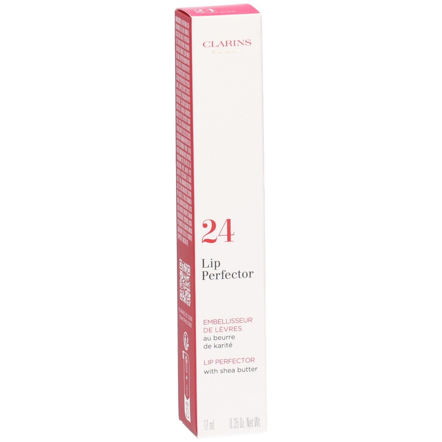 Emballage Clarins 24 Lip Perfector avec mention beurre de karité.