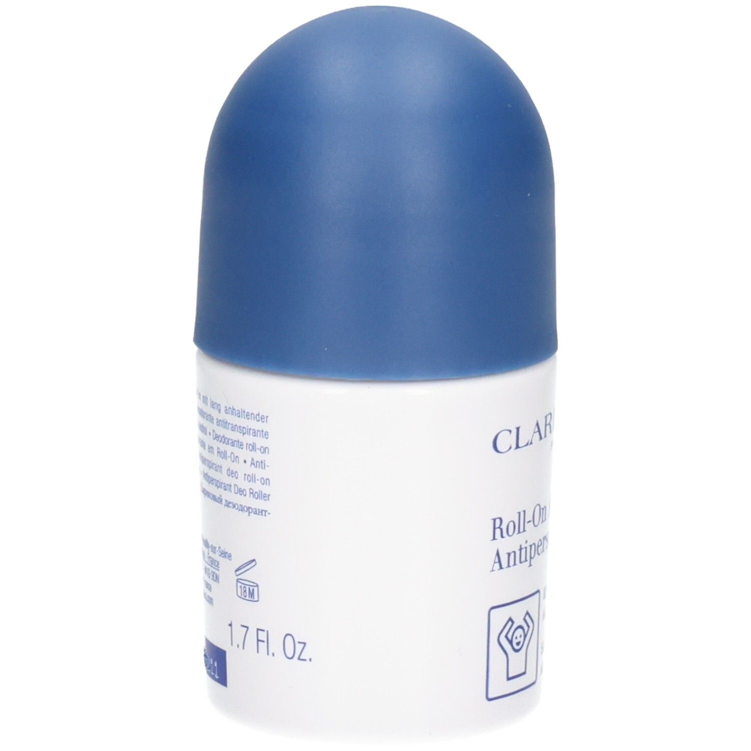 Clarins Men Roll-On Anti-Transpirant, Seite mit 50 ml und 1.7 Fl. Oz. Angabe.
