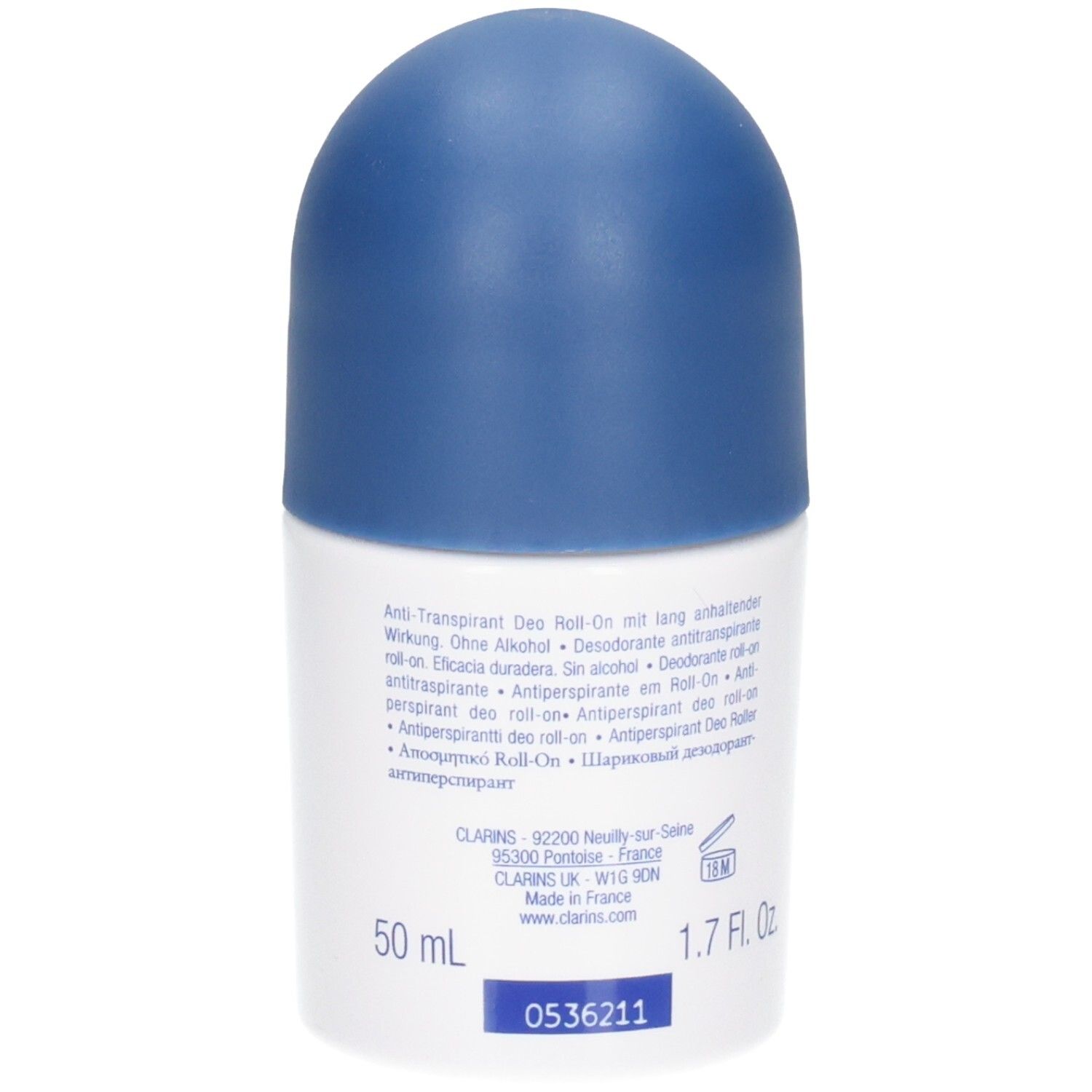 Clarins Men Roll-On Anti-Transpirant, Rückseite mit Anwendungshinweisen und 50 ml Angabe.