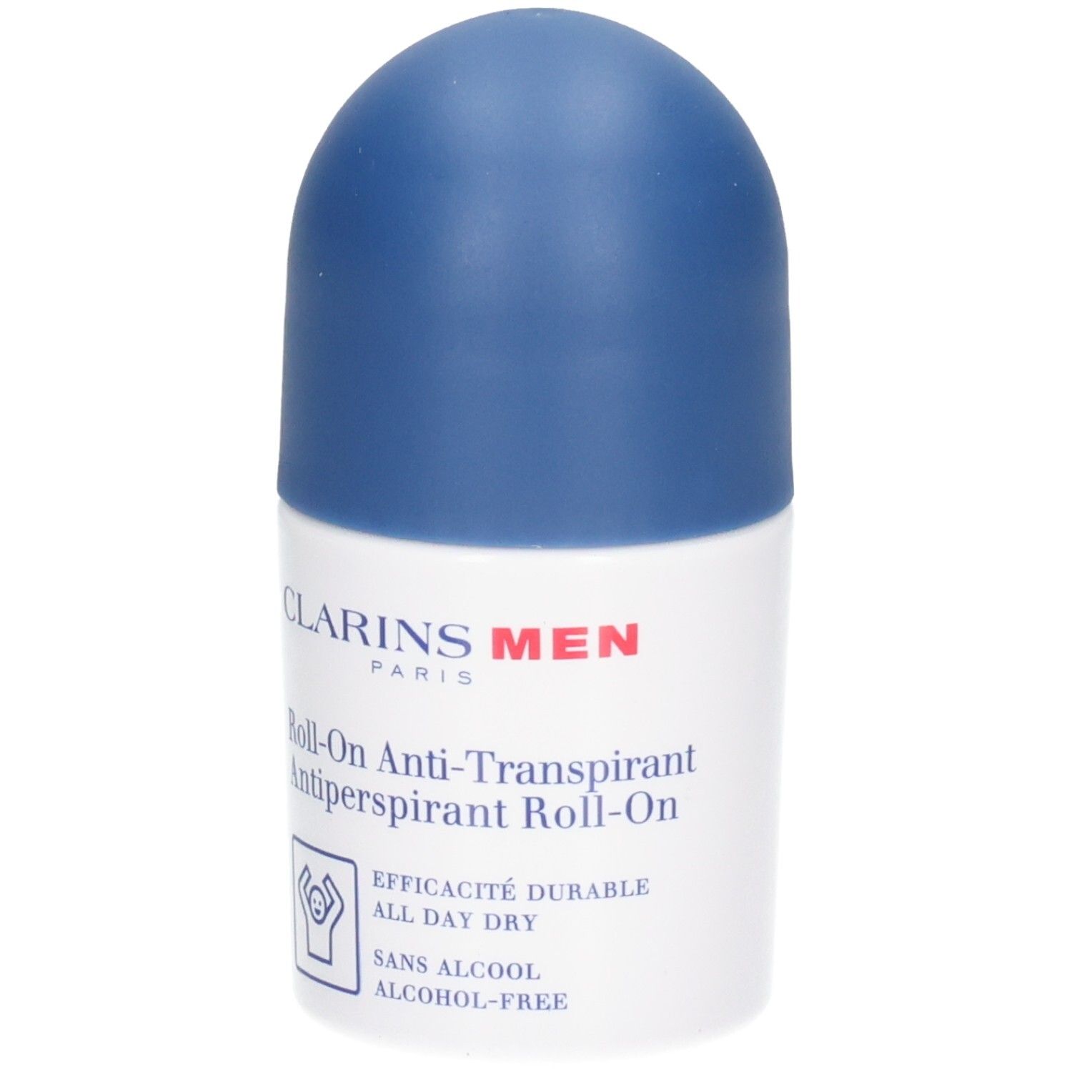 Clarins Men Roll-On Anti-Transpirant mit blauem Verschluss. "Efficacité durable ALL DAY DRY".