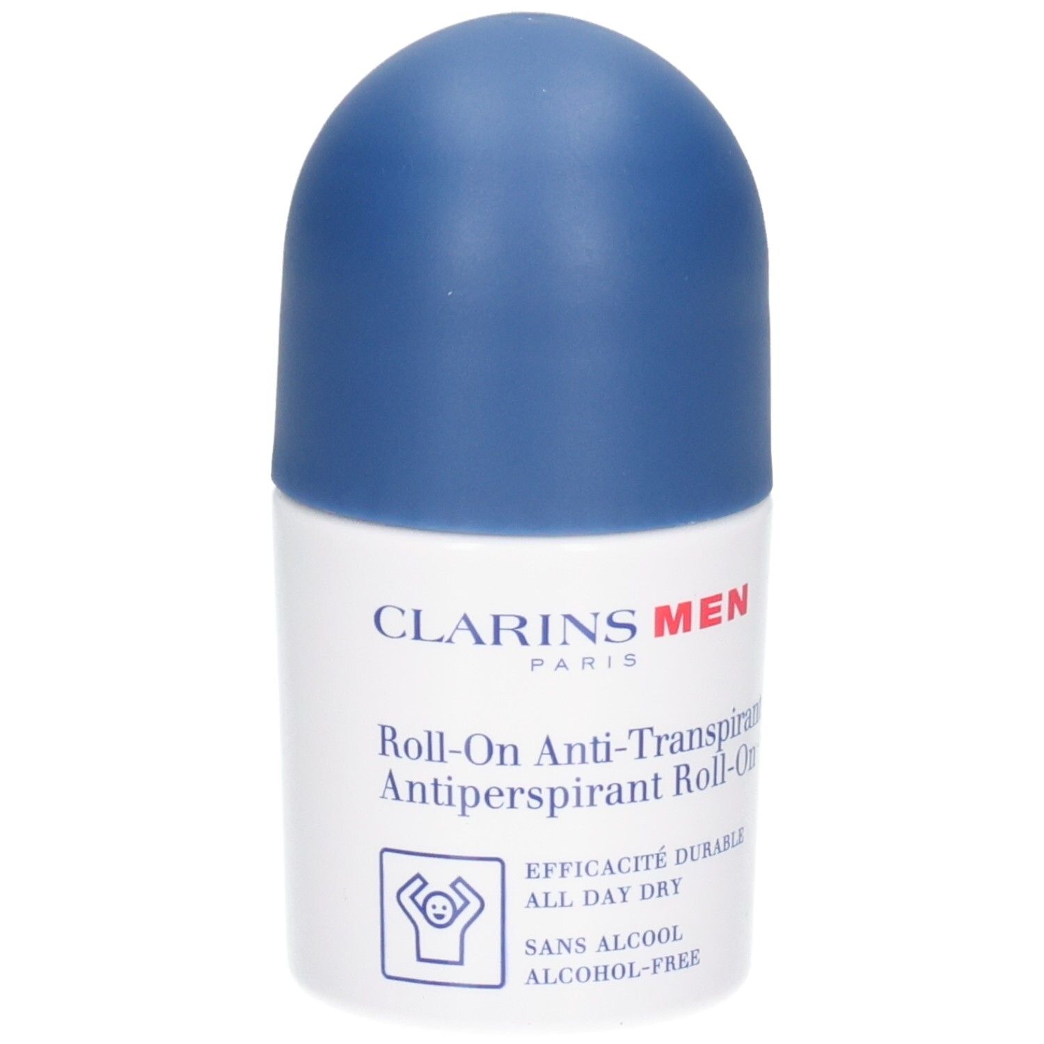 Clarins Men Roll-On Anti-Transpirant, weißer Behälter mit blauer Kappe. "SANS ALCOOL".