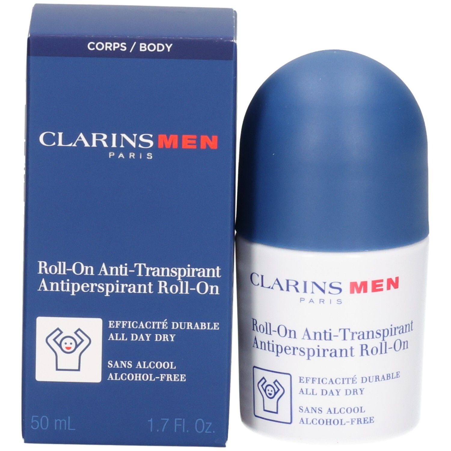 Clarins Men Roll-On Anti-Transpirant und Verpackung. "CLARINS MEN" Logo sichtbar.