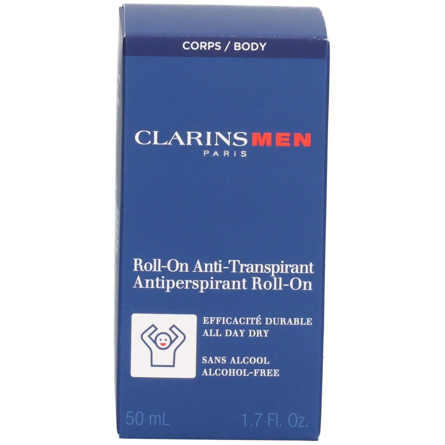 Clarins Men Roll-On Anti-Transpirant Verpackung. "CORPS / BODY" und "50 ml" Angabe.