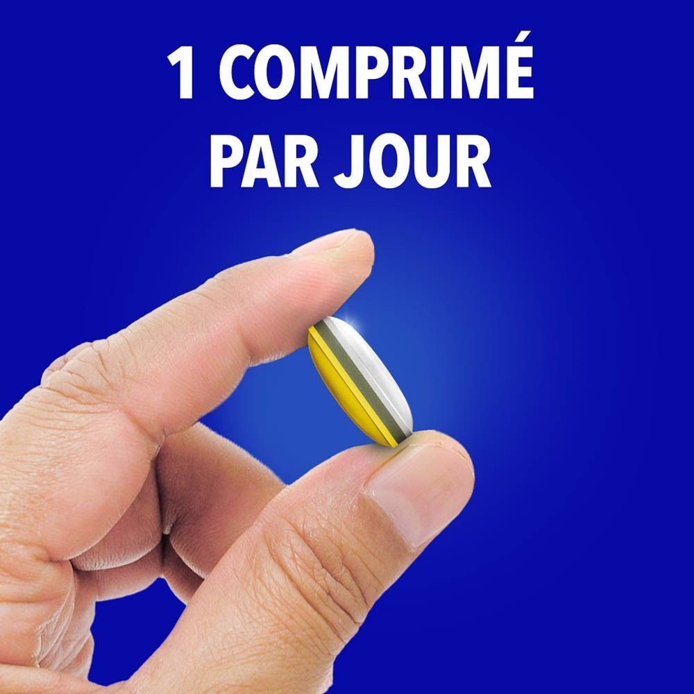 Une main tenant un comprimé Omnibionta3, avec l'inscription '1 comprimé par jour'.
