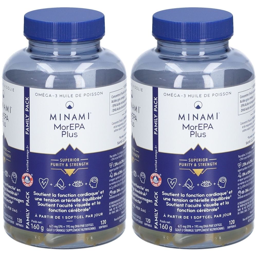 Twee flessen MINAMI® MorEPA Plus. Blauwe doppen, transparante containers met capsules. Etiket met productinfo.