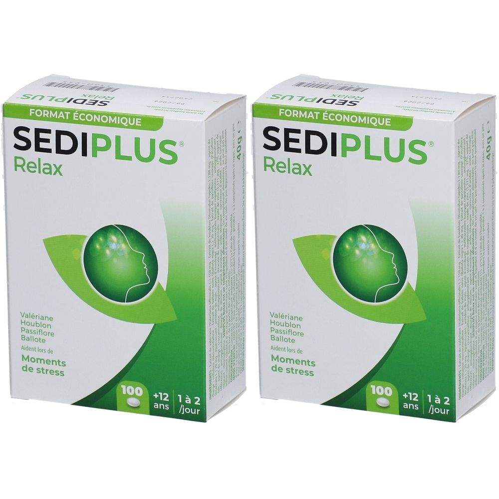 Deux boîtes de SEDIPLUS® Relax. Emballage blanc avec logo vert et nom du produit. Contient 100 comprimés. Texte: Momente de stress.