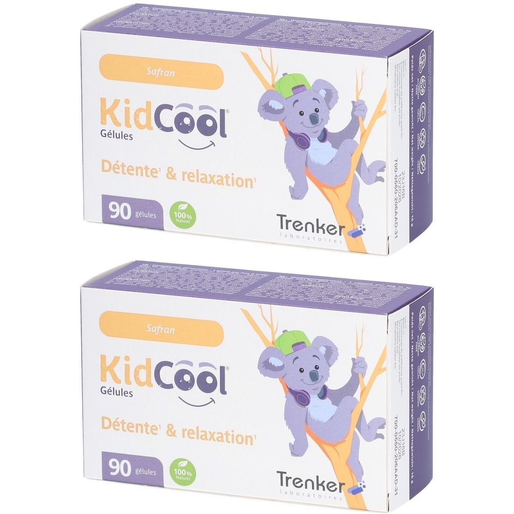 Zwei Packungen KidCool Gelules. Aufdruck: Safran, Détente & relaxation, 90 Kapseln, Koala-Illustration, Trenker.